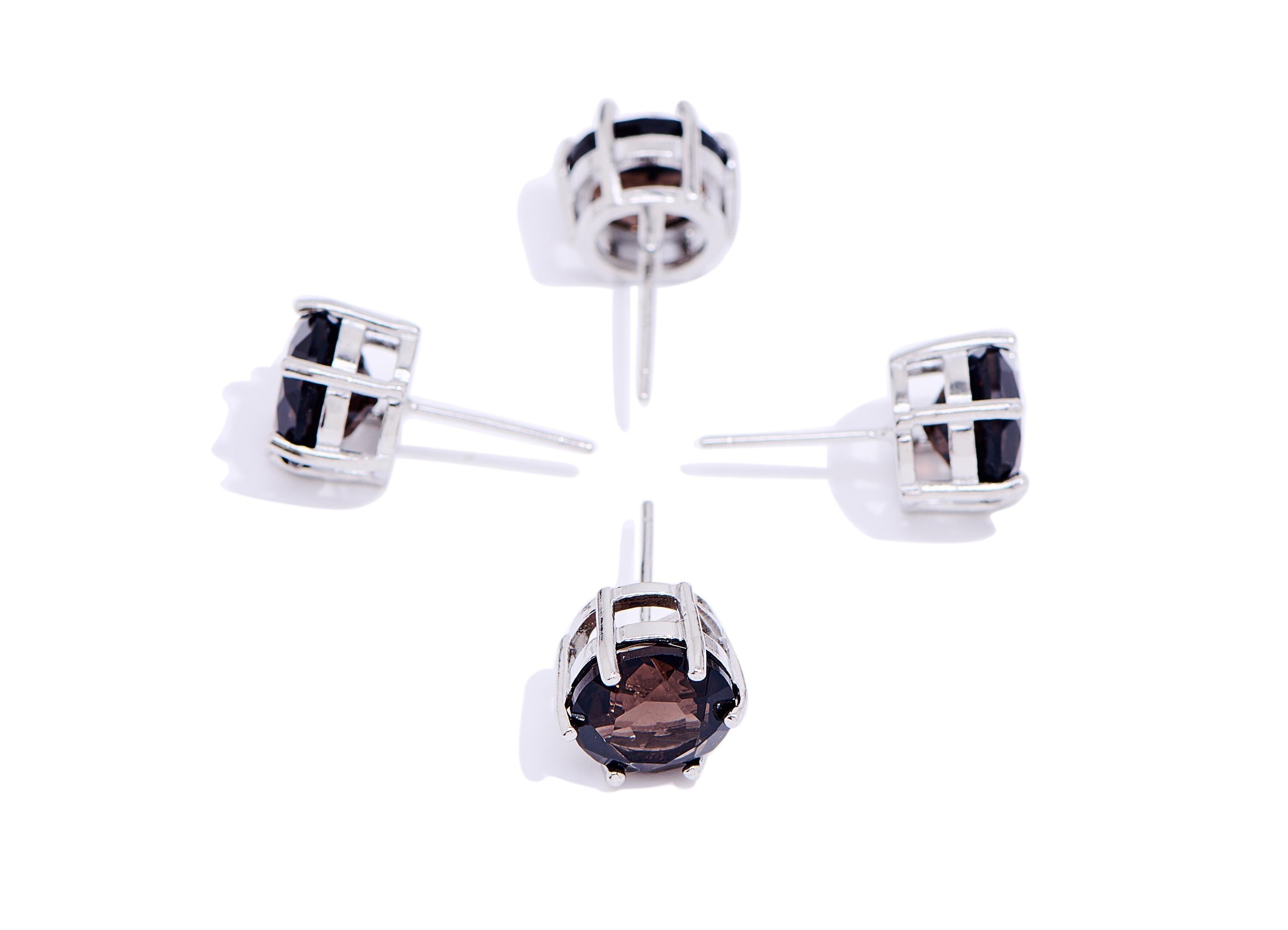 Brown Quartz Brass Round Stud - Natural Gemstone Earring Post - Jewelry Making - Silver Stud - White K Plated - 10.58x9.37x7.37mm - NS2580 - DOMEDBAZAAR