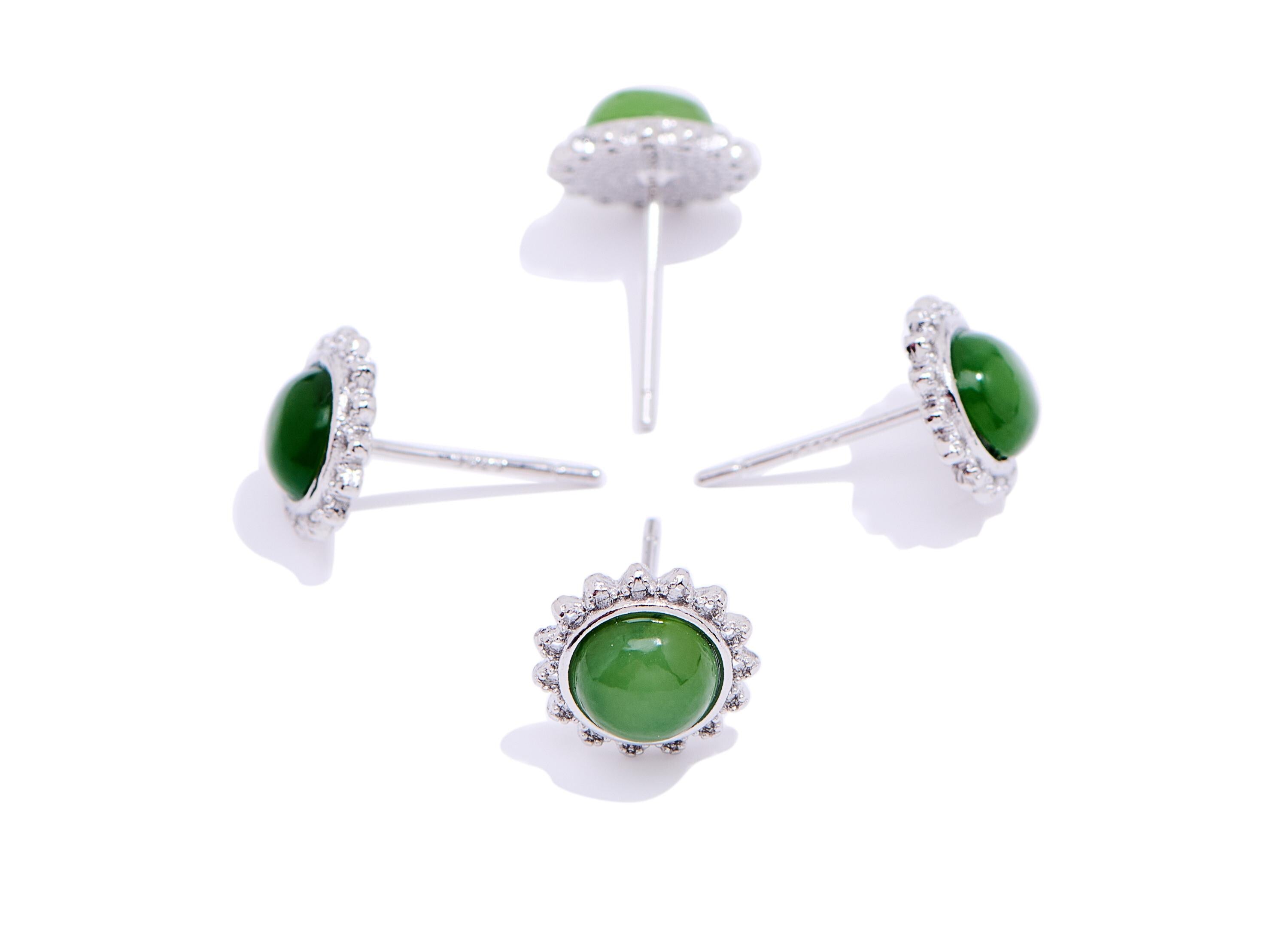 Jade Stone Brass Sunflower Stud - Natural Gemstone Sun Earring Post - Elegant Jewelry - Silver Stud - White K Plated -9.46x9.46x3.7mm-NS2629 - DOMEDBAZAAR