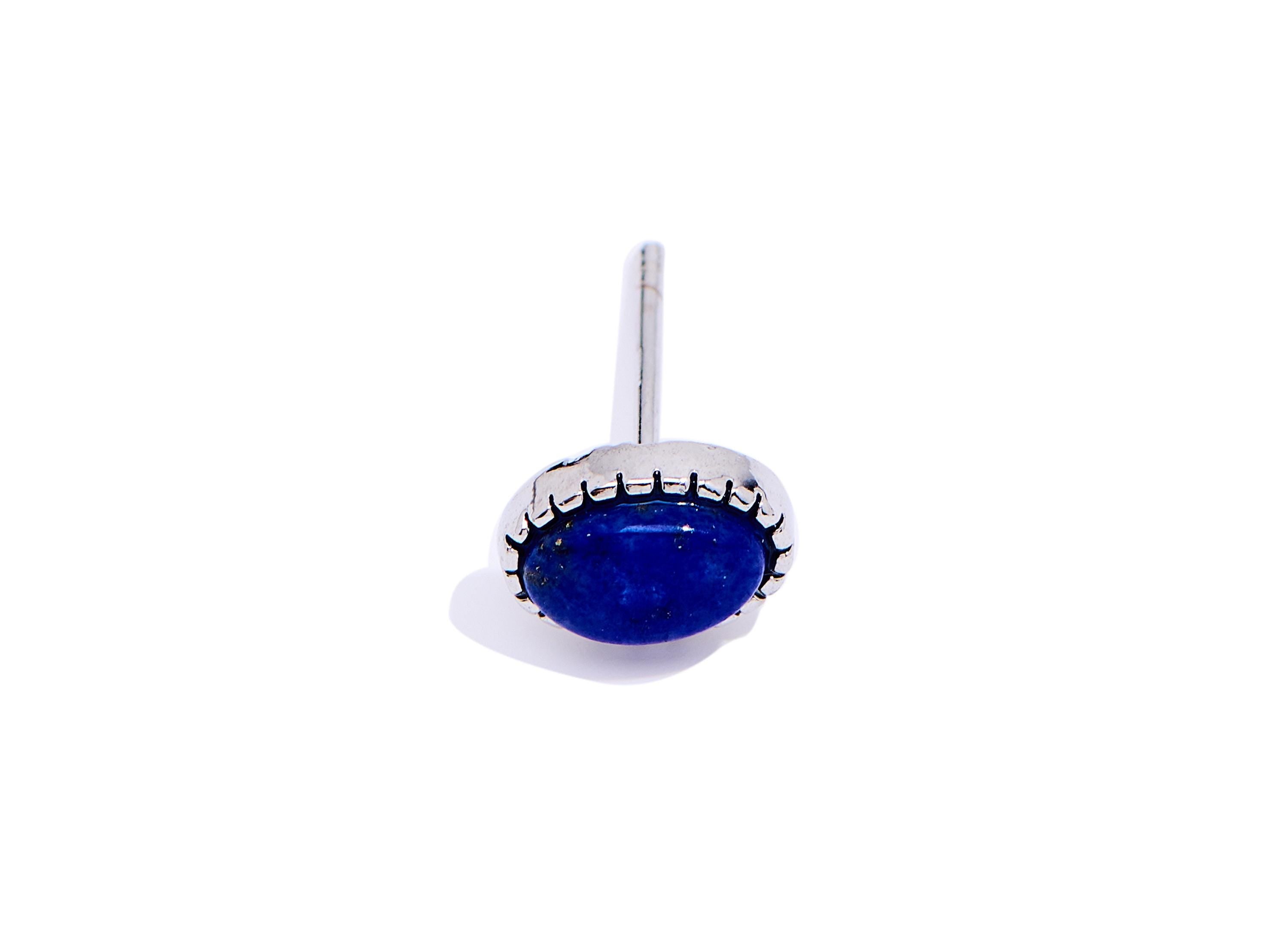 Lapis Lazuli Stone Oval Stud - Brass Natural Gemstone Earring Post - Elegant Jewelry - Silver Stud - White K Plated - 8.34x6.64x4mm - NS2670 - DOMEDBAZAAR