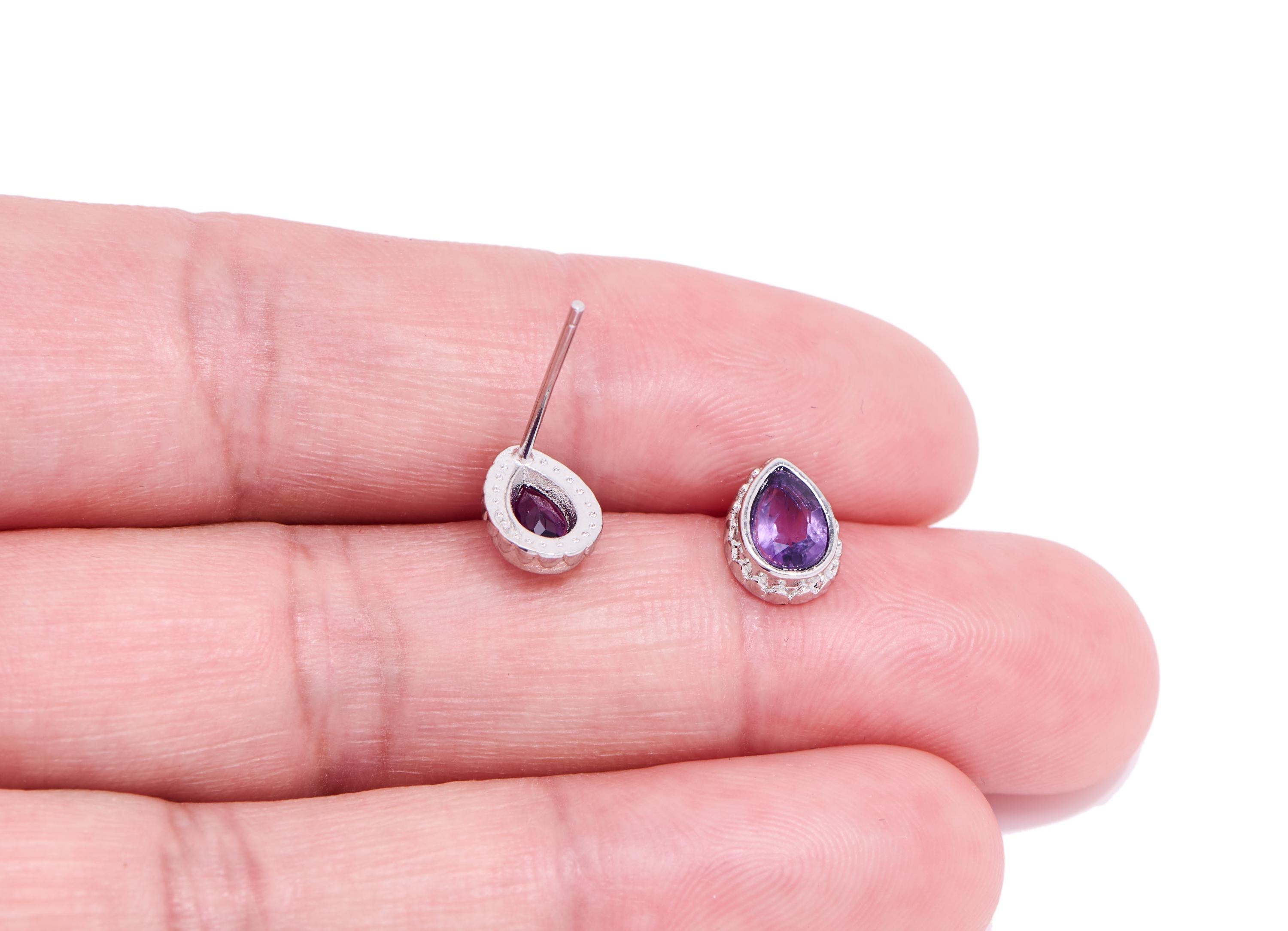Amethyst Stone Teardrop Stud - Brass Natural Gemstone Drop Post - Opulent Jewelry - Silver Stud - White K Plated - 8.55x6.5x2.83mm - NS2675 - DOMEDBAZAAR