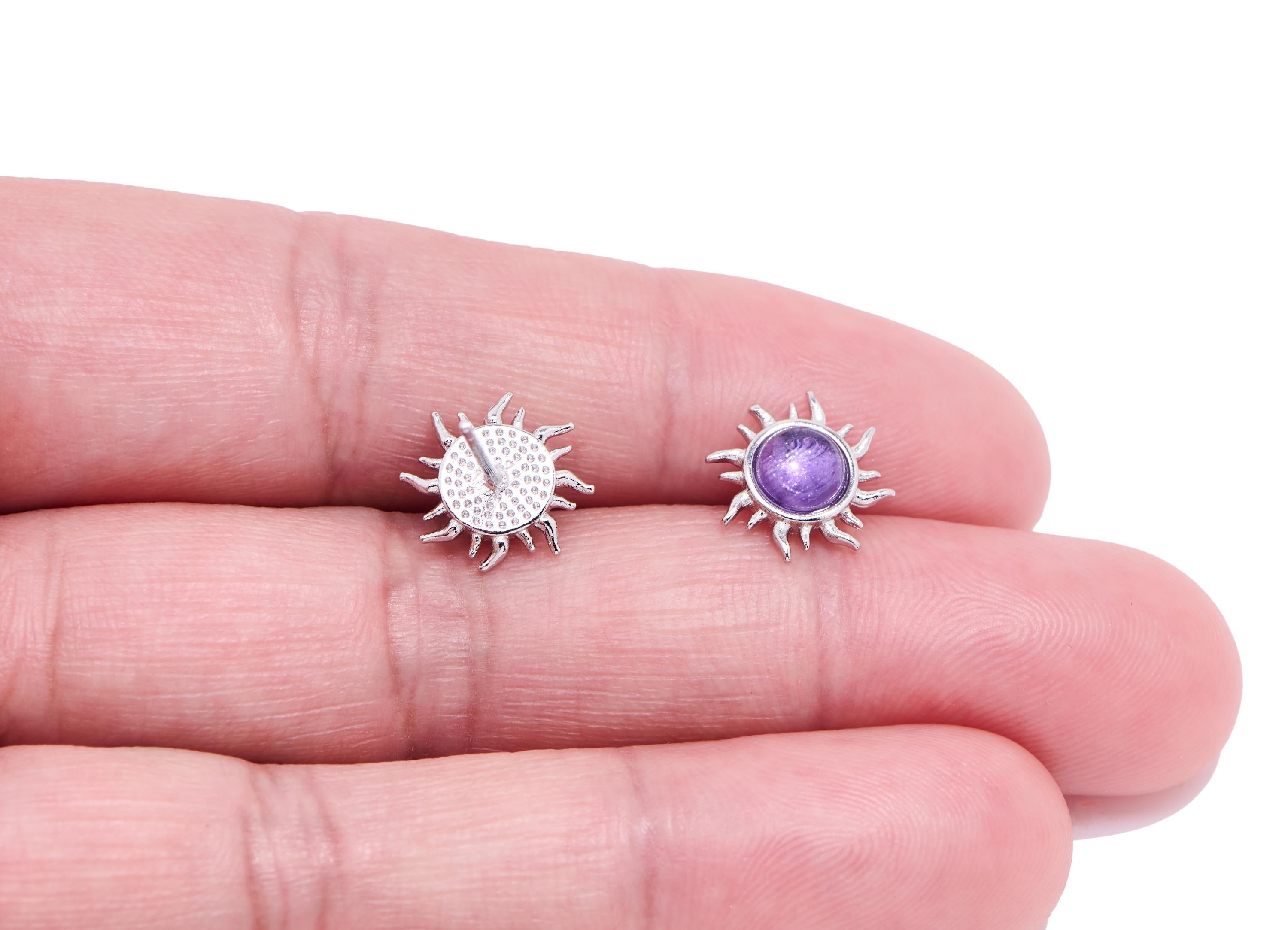 Amethyst Stone Brass Sun Stud - Refined Gemstone Sun Earring Post - Jewelry Making - Silver Stud - White K Plated - 10.72x10.16x4.4mm-NS2646 - DOMEDBAZAAR