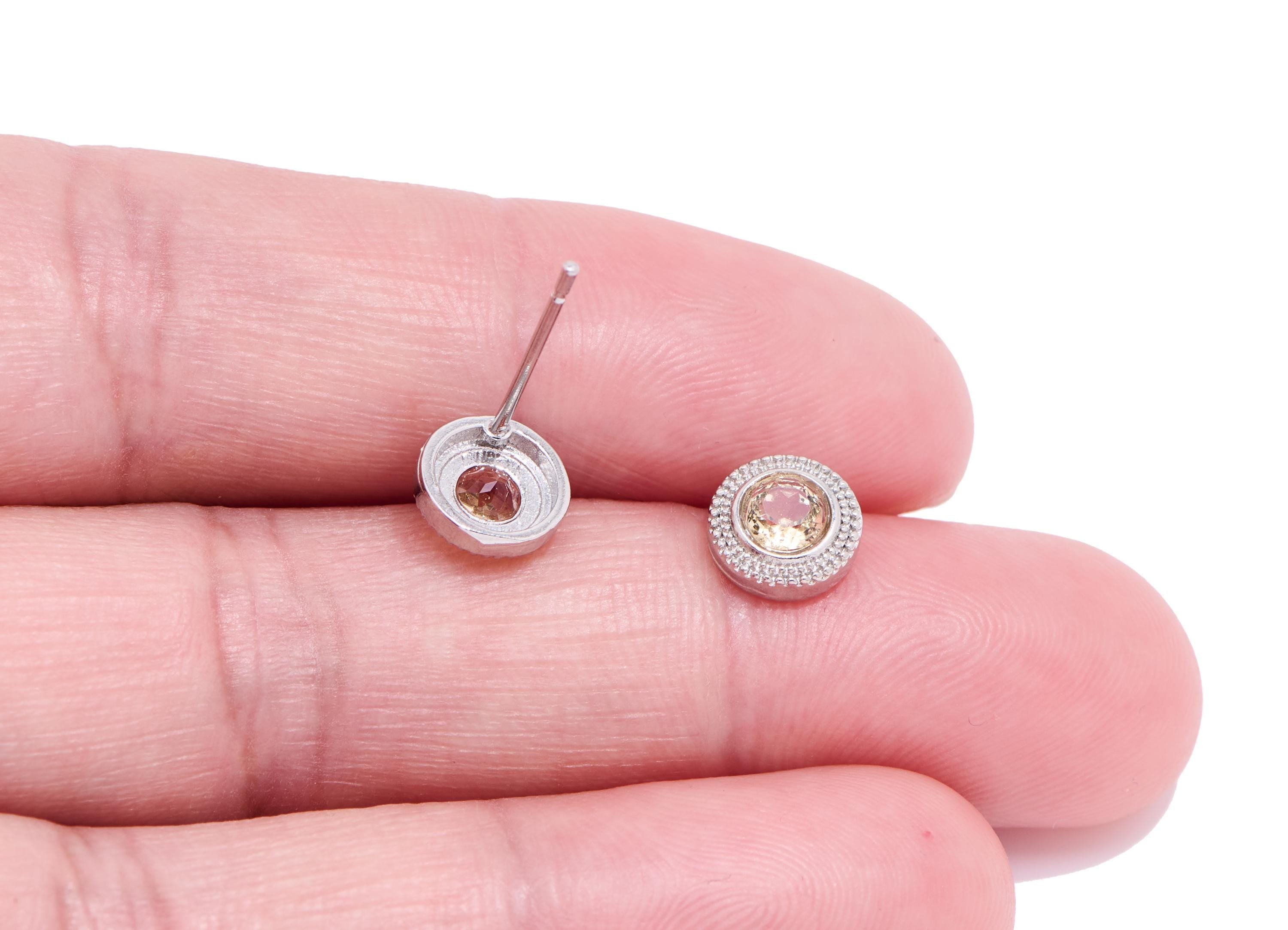 Citrine Brass Round Stud - Mini Natural Gemstone Post - Minimalist Jewelry Making - Silver Stud - White K Plated - 7.6x7.6x3.48mm - NS2603 - DOMEDBAZAAR