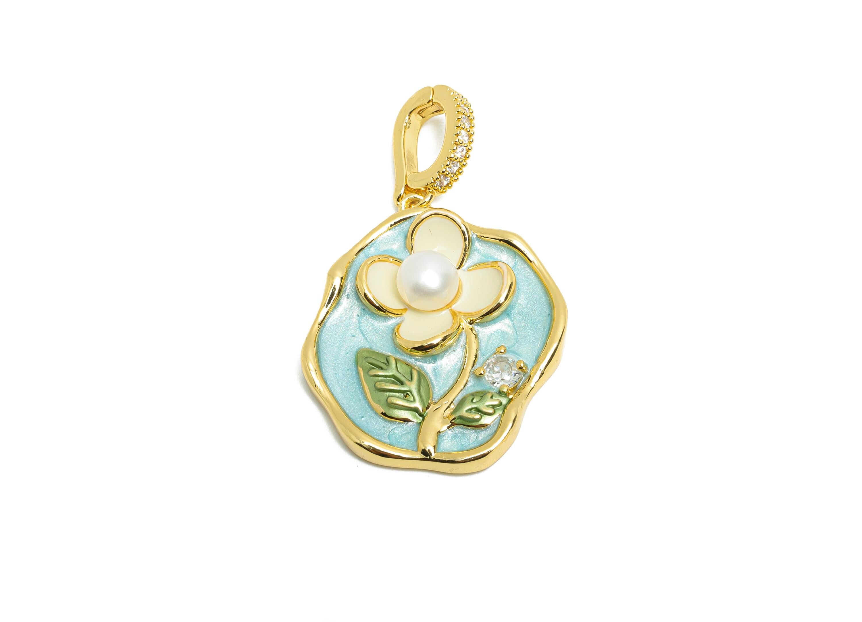 Brass Floral Pendant - Brass Colorful Enamel Pearl Floral Pendant - Zircon Painting With Bail - 18K Real Gold Plated - 39x24x6mm-RGP10713 - DOMEDBAZAAR