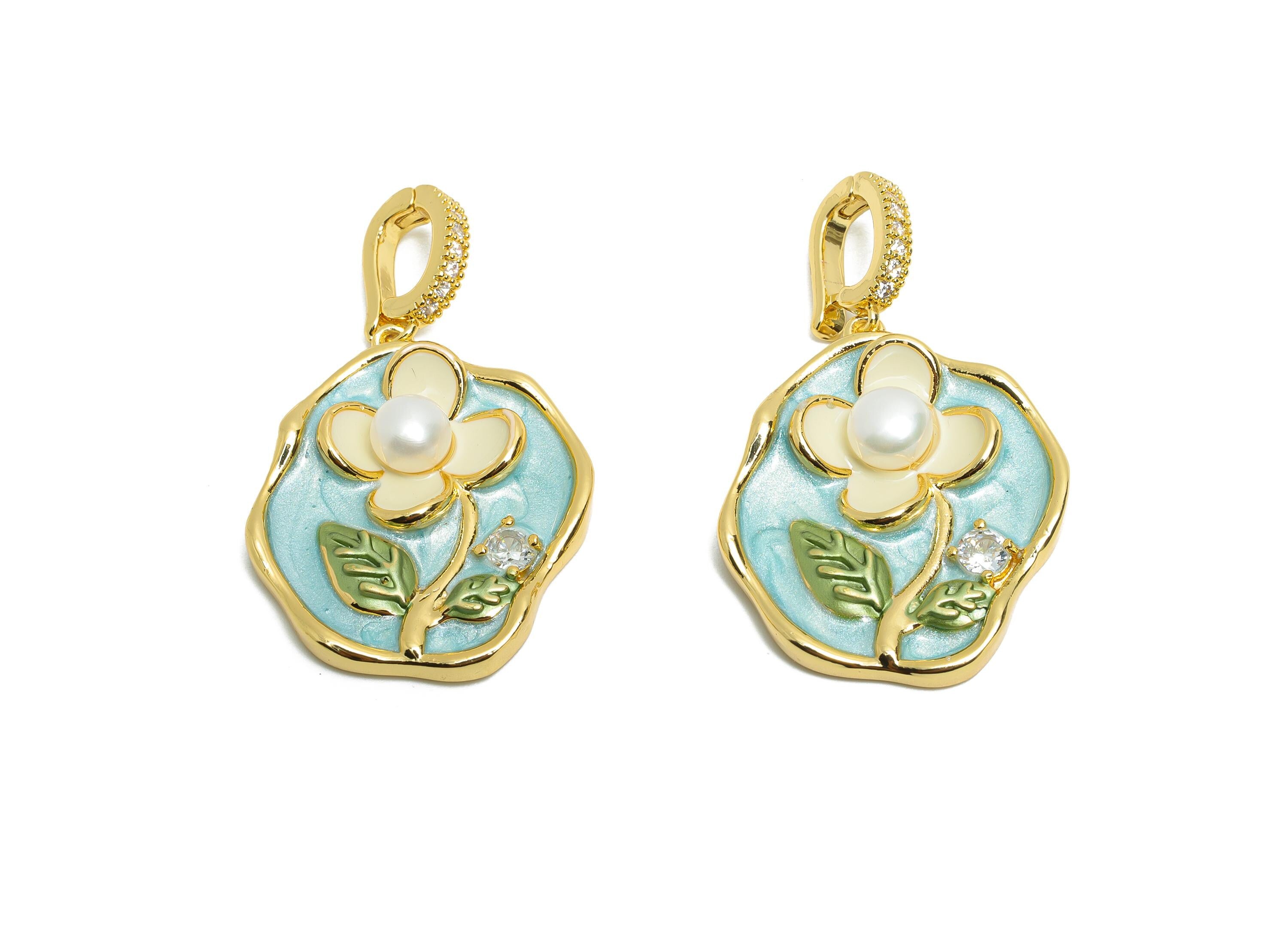 Brass Floral Pendant - Brass Colorful Enamel Pearl Floral Pendant - Zircon Painting With Bail - 18K Real Gold Plated - 39x24x6mm-RGP10713 - DOMEDBAZAAR