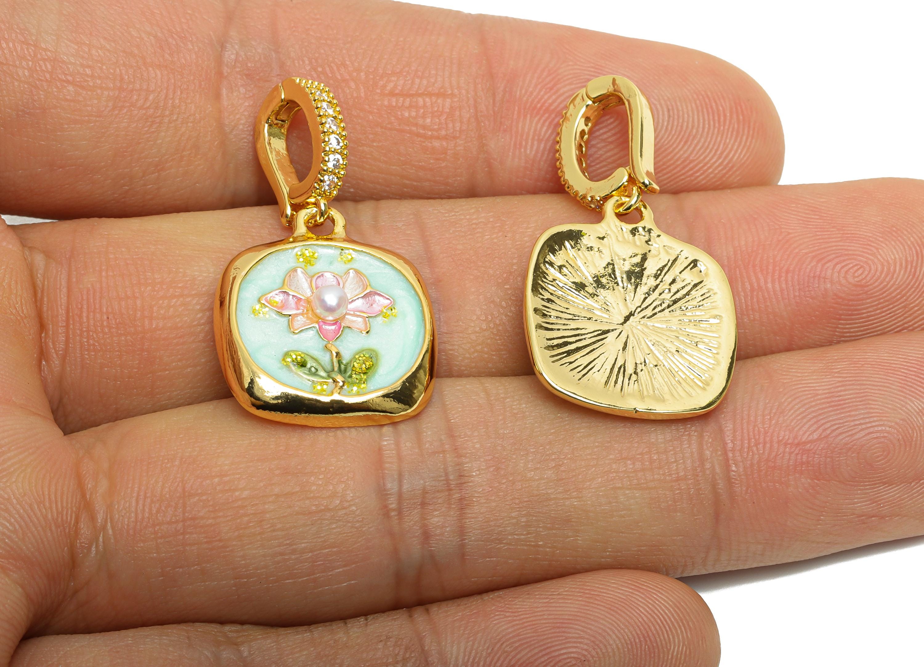 Brass Lotus Pendant - Brass Colorful Enamel Pearl Zircon Pendant - Bracelet Charm With Bail - 18K Real Gold Plated - 31x17x4mm -RGP10703 - DOMEDBAZAAR