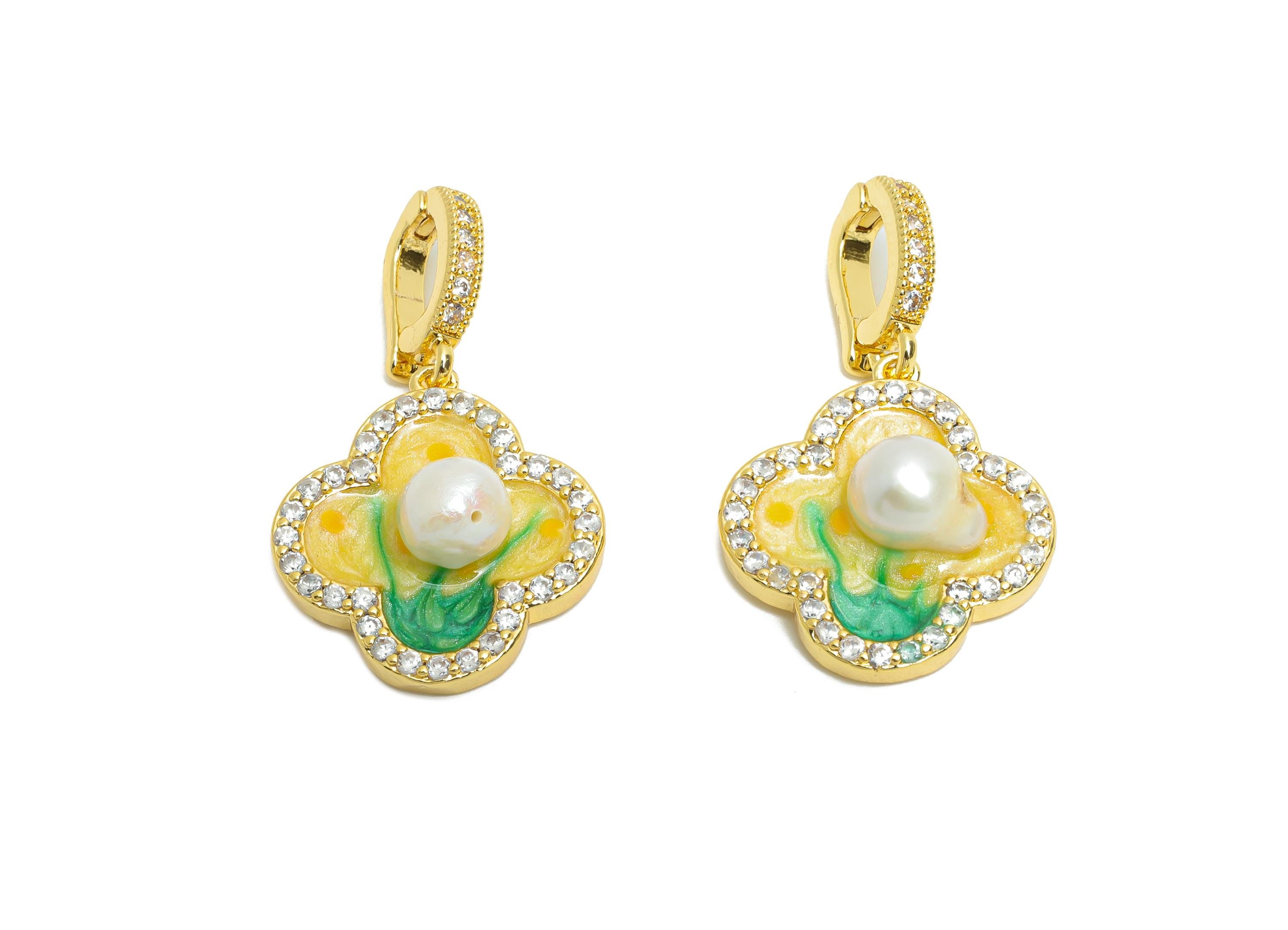 Brass Clover Pendant - Brass Colorful Enamel Pearl Zircon Pendant - Bracelet Charm With Bail - 18K Real Gold Plated - 30x17x7mm -RGP10705 - DOMEDBAZAAR