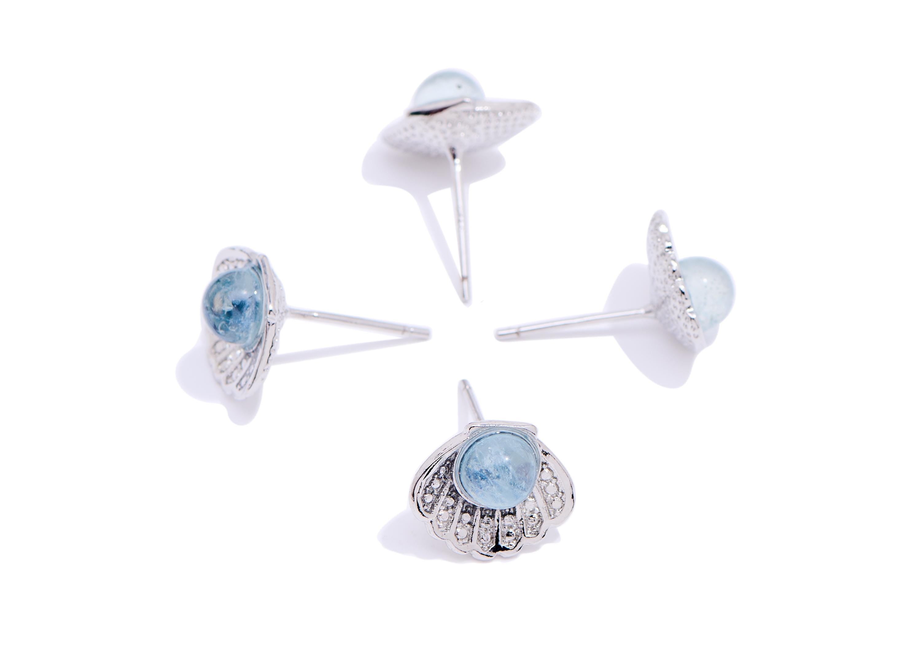 Aquamarine Brass Seashell Stud - Sparkling Gemstone Earring Post - Dainty Jewelry Making - Silver Stud - White K Plated - 11x9x5mm - NS2574 - DOMEDBAZAAR