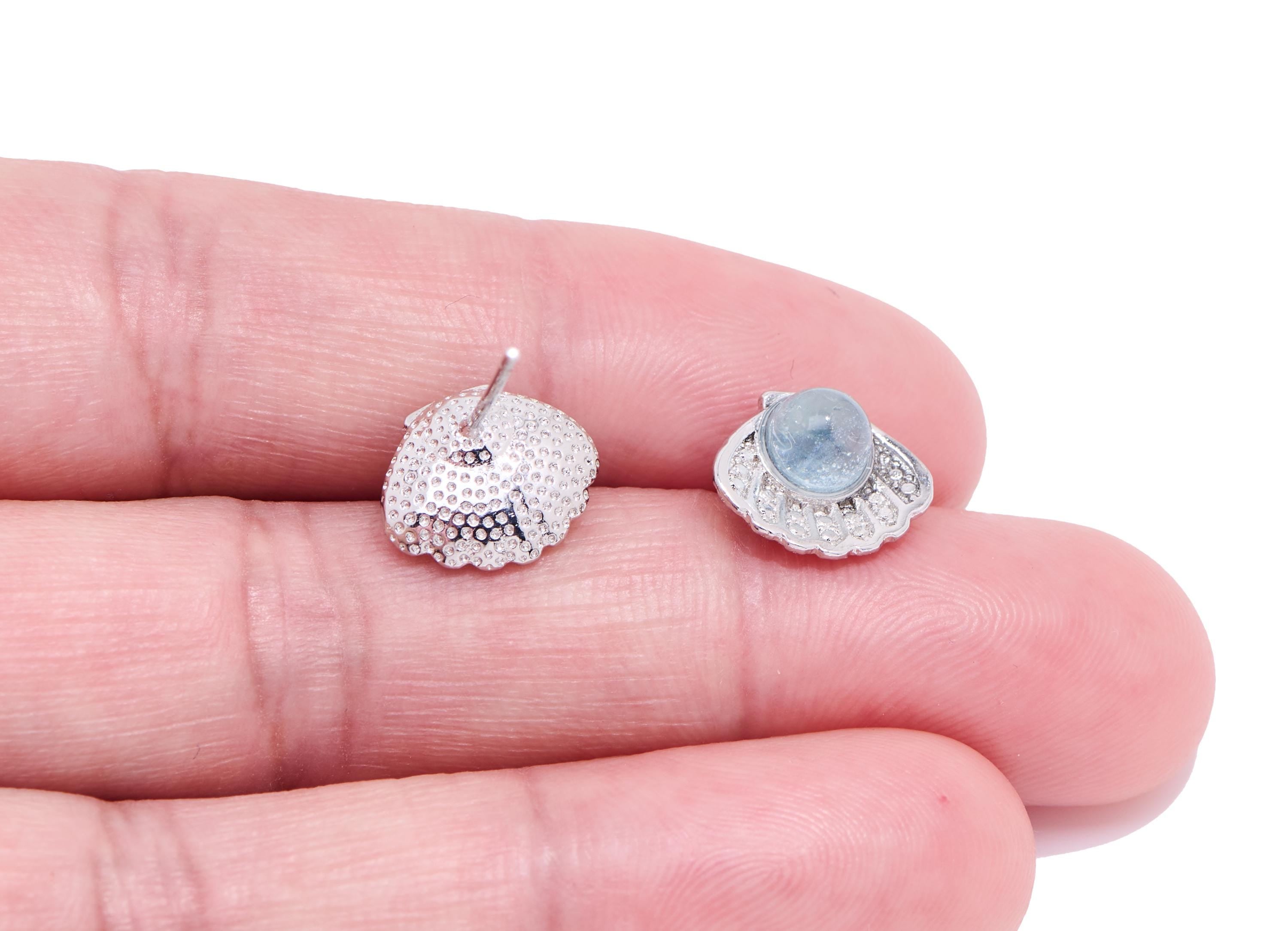 Aquamarine Brass Seashell Stud - Sparkling Gemstone Earring Post - Dainty Jewelry Making - Silver Stud - White K Plated - 11x9x5mm - NS2574 - DOMEDBAZAAR