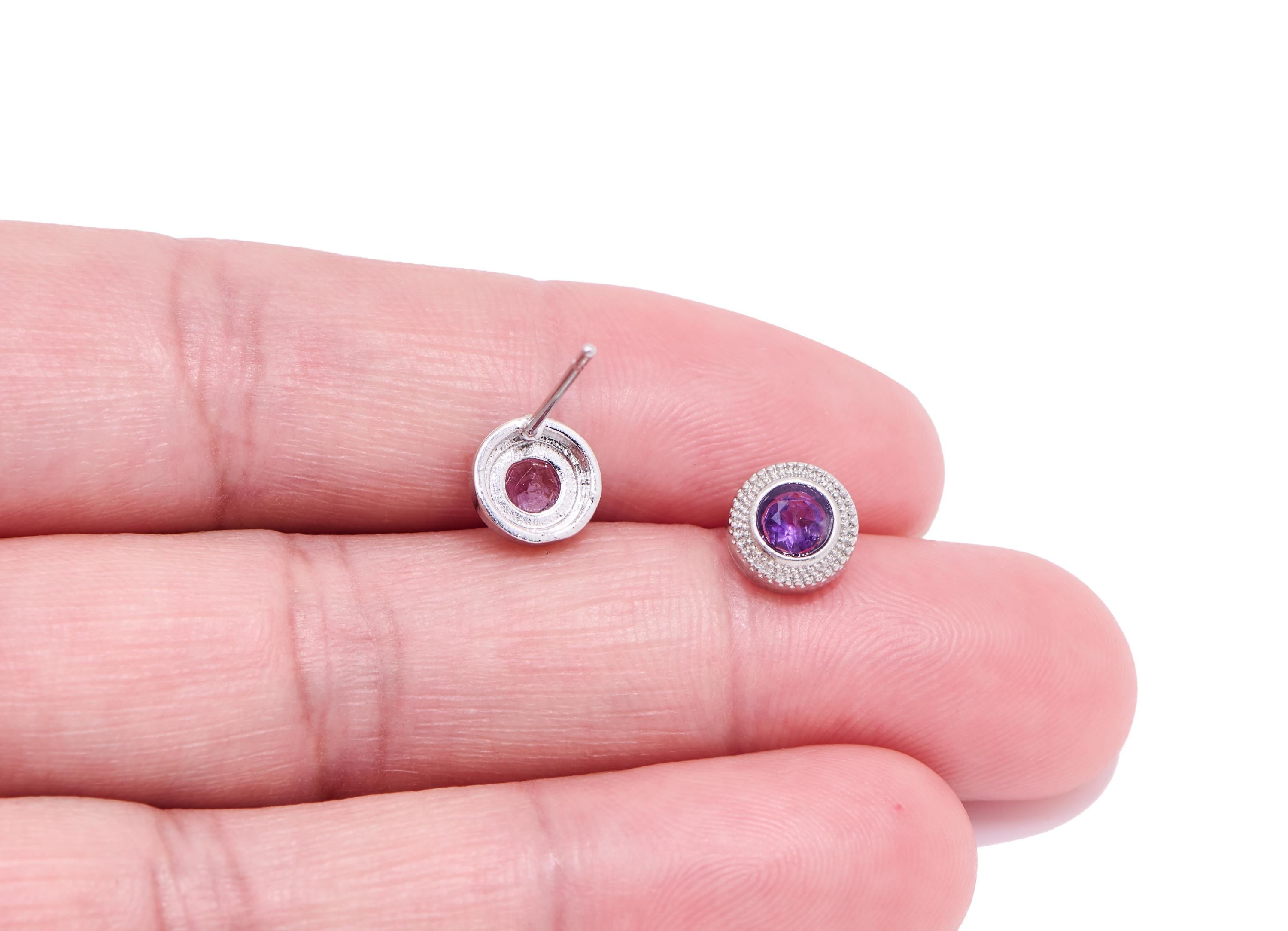 Amethyst Brass Round Stud - Faceted Natural Gemstone Post - Elegant Jewelry Making - Silver Stud - White K Plated - 7.44x7.44x3mm - NS2582 - DOMEDBAZAAR