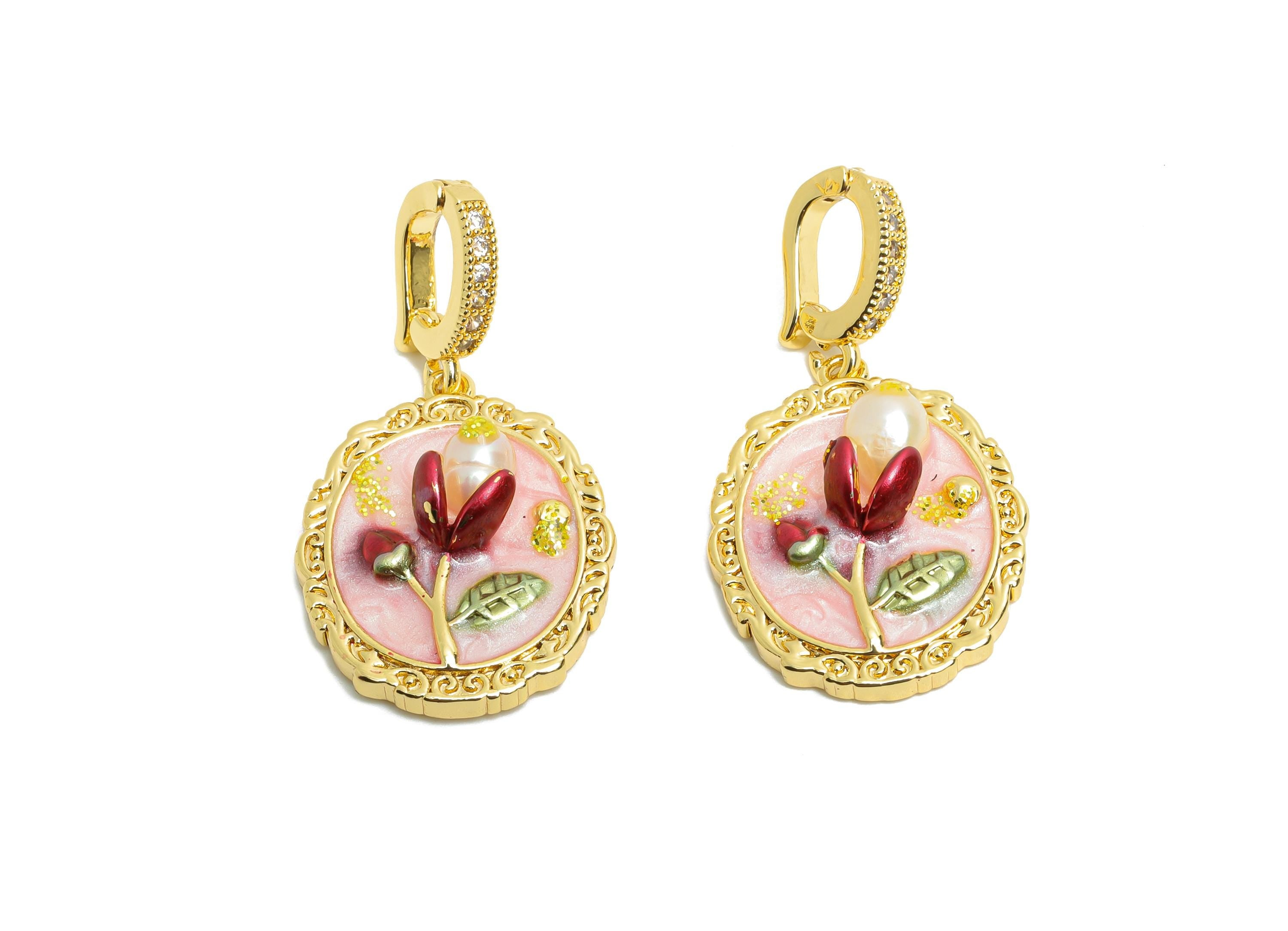 Elegant Floral Pendant - Brass Luxury Enamel Pendant With Pearl - Vintage Looking Pendant - 18K Real Gold Plated - 33x17x6.02mm - RGP10714 - DOMEDBAZAAR