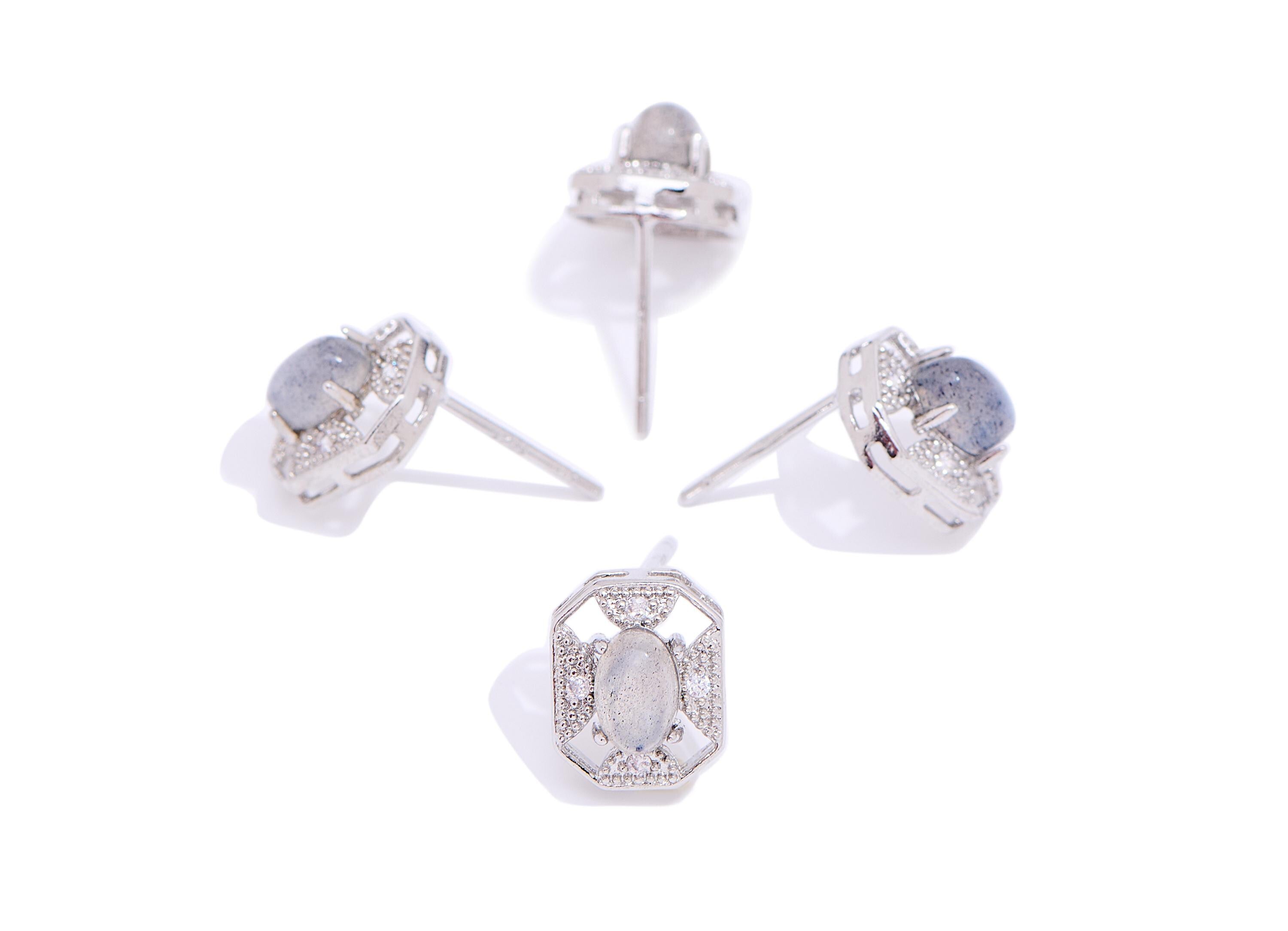 Moonstone Brass Hexagon Stud - Sparkling CZ Oval Gemstone Post - Dainty Jewelry Making - Silver Stud - White K Plated - 10.5x8.6x6mm -NS2674 - DOMEDBAZAAR