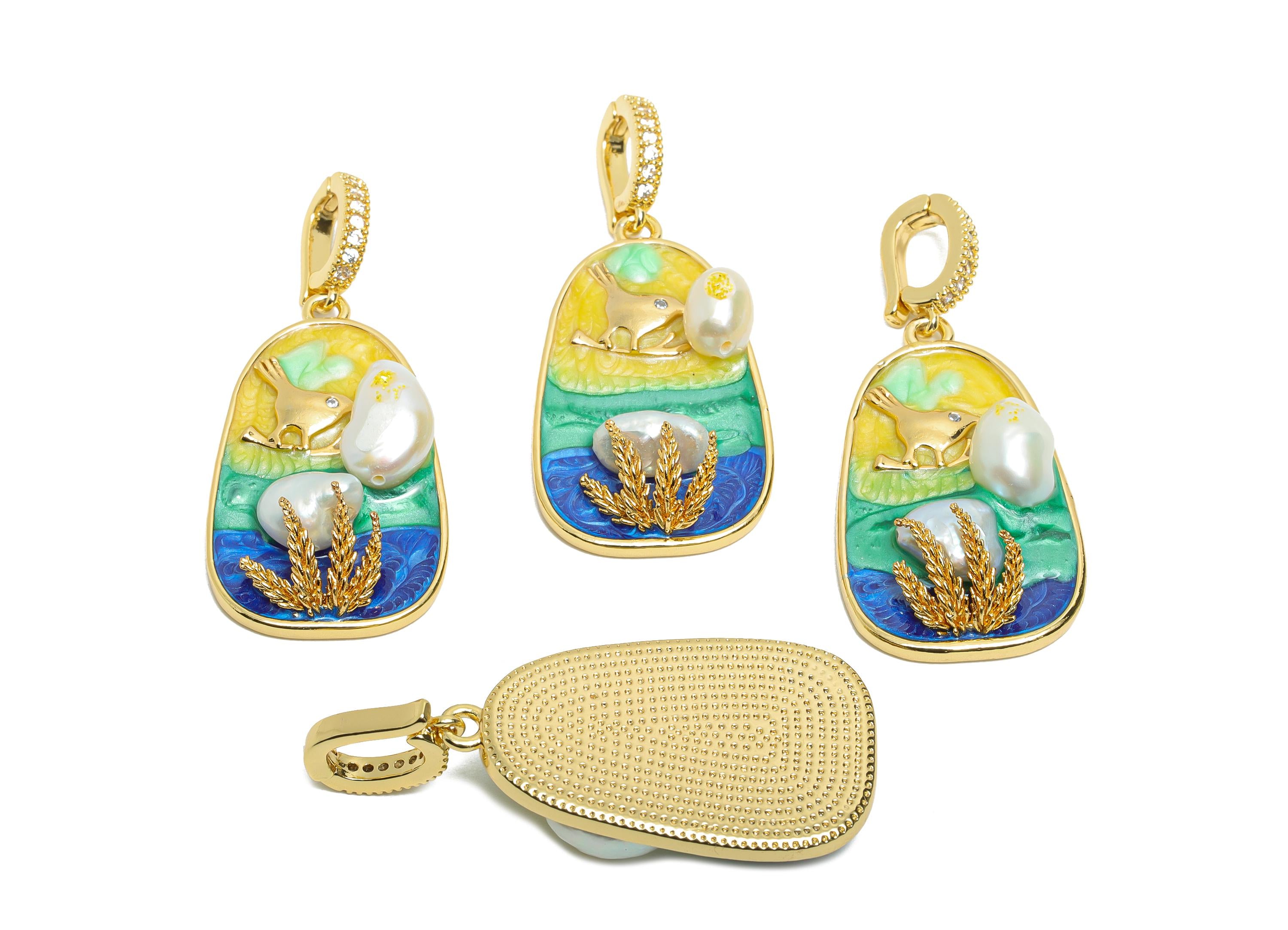 Elegant Bird Pendant - Brass Luxury Enamel Pendant With Pearl - Vintage Looking With Bail - 18K Real Gold Plated - 46x20x7.87mm - RGP10699 - DOMEDBAZAAR
