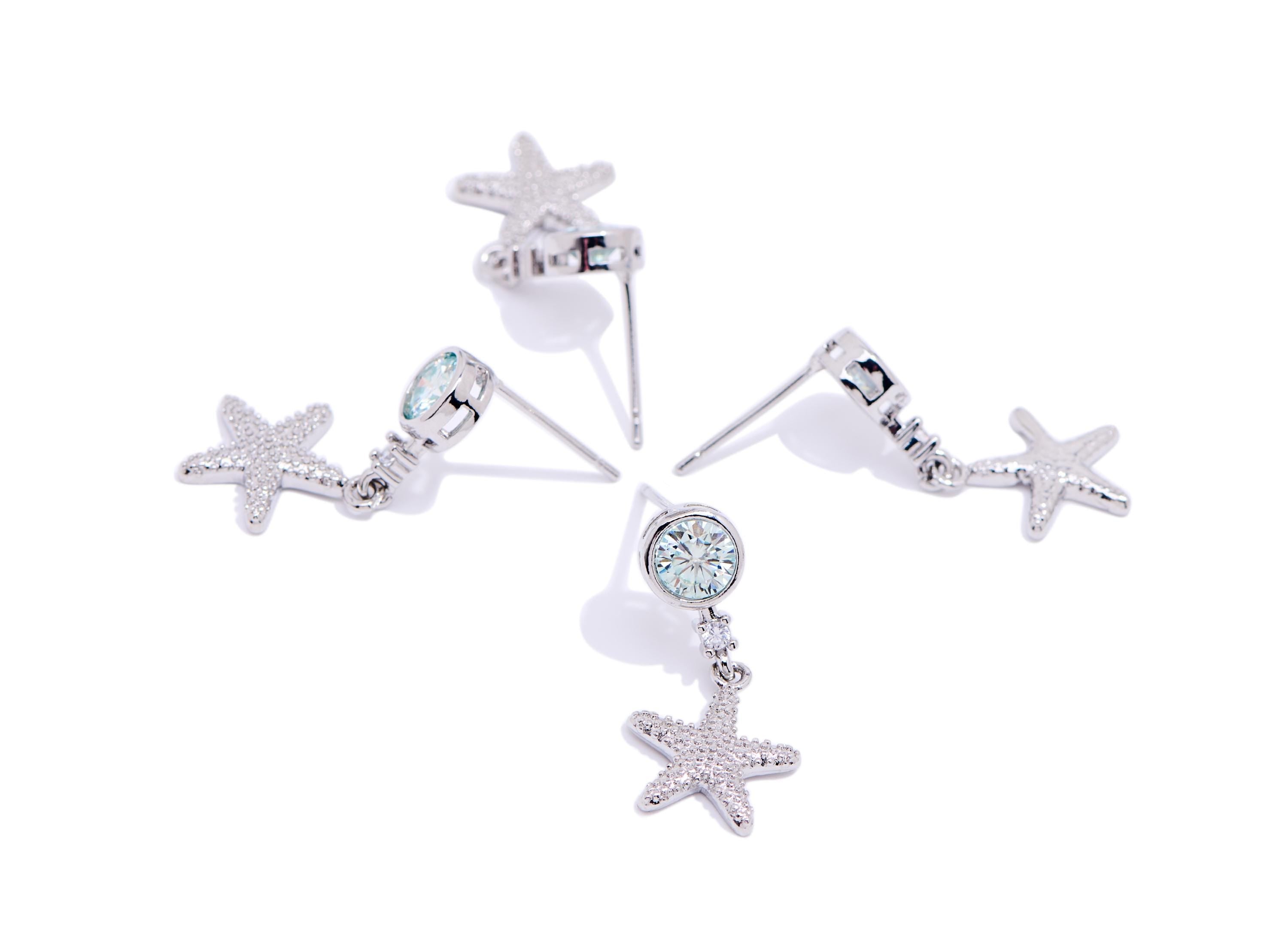 Mosan Stone Dangle Starfish Stud - Sparking Brass Zircon Dangle Earring Post - Dainty Jewelry Making - White K Plated - 23x11x3mm - NS2638 - DOMEDBAZAAR