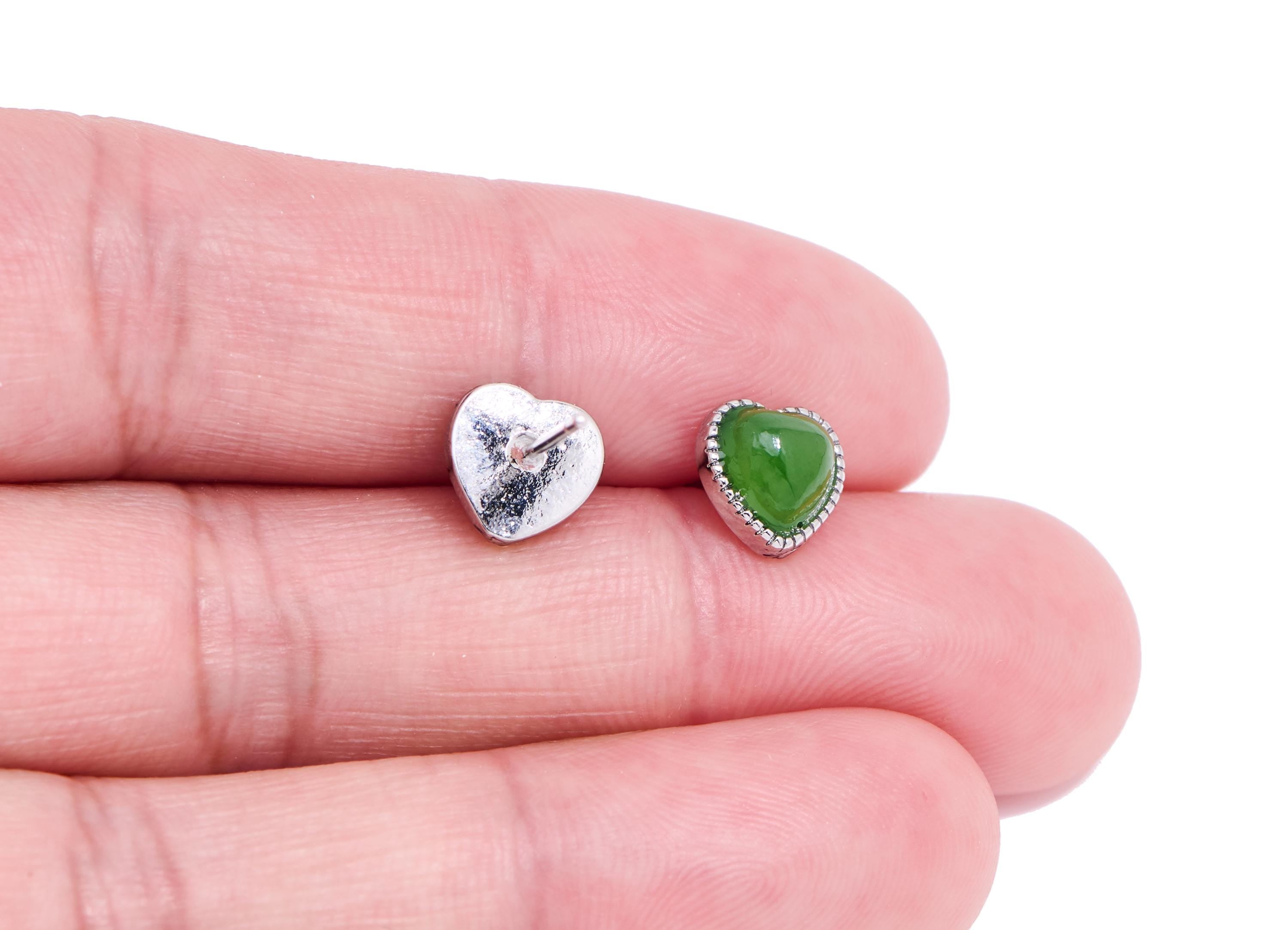 Jade Stone Brass Heart Studs - Modern Natural Gemstone Posts - Dainty Jewelry Making - Silver Stud - White K Plated - 7.8x7.8x4mm - NS2630 - DOMEDBAZAAR