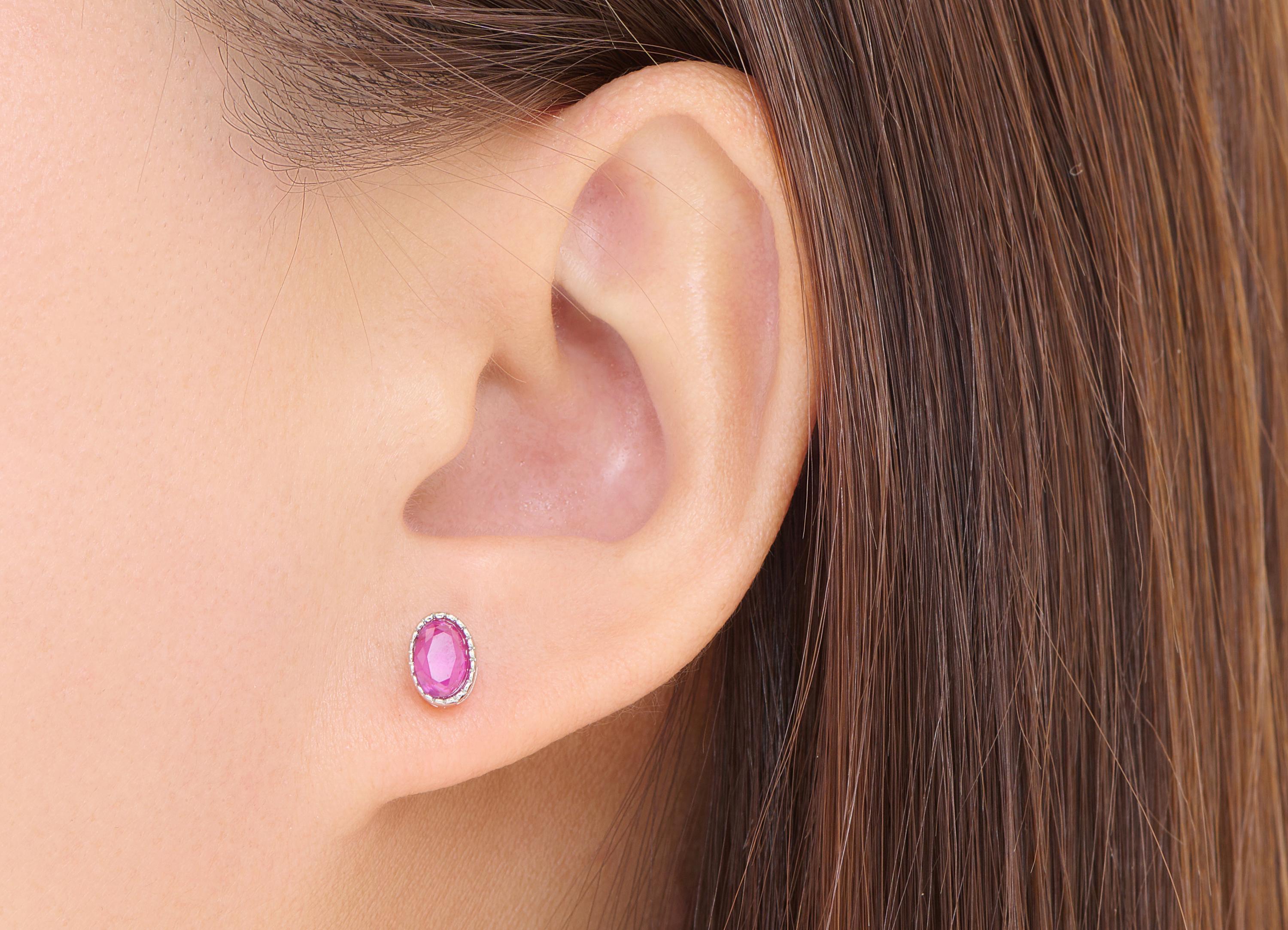 Ruby Brass Oval Studs - Modern Natural Gemstone Earring Post - Elegant Jewelry Making - Silver Stud - White K Plated - 7.5x5x3.92mm - NS2626 - DOMEDBAZAAR