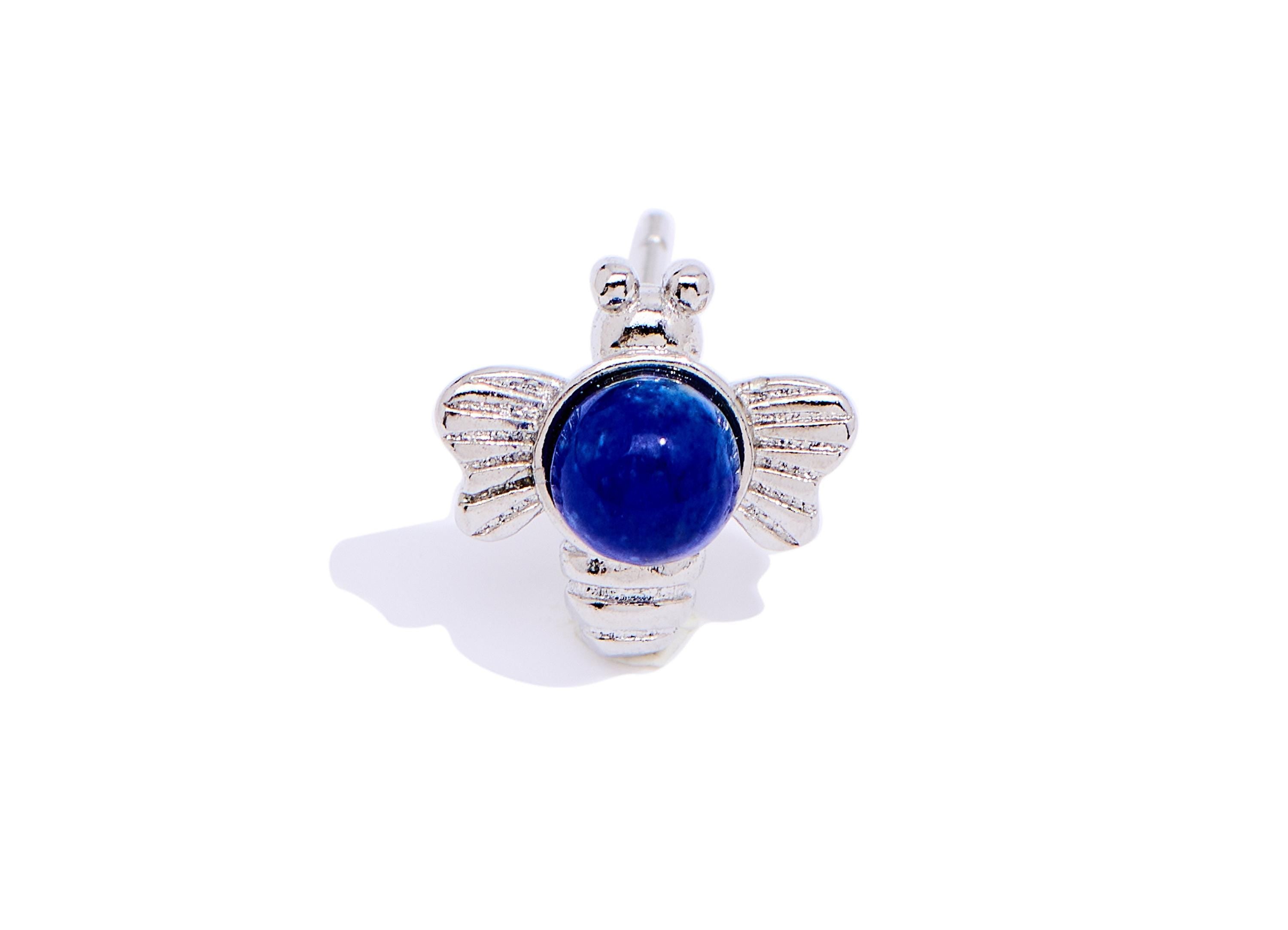 Lapis lazuli Brass Bee Stud - Textured Gemstone Insect Post - Dainty Jewelry Making - Silver Stud - White K Plated - 10.84x11x6mm - NS2590 - DOMEDBAZAAR