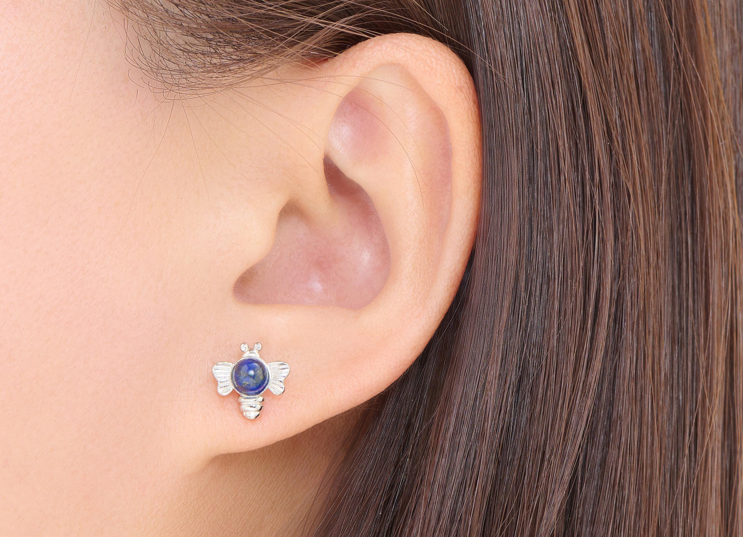 Lapis lazuli Brass Bee Stud - Textured Gemstone Insect Post - Dainty Jewelry Making - Silver Stud - White K Plated - 10.84x11x6mm - NS2590 - DOMEDBAZAAR