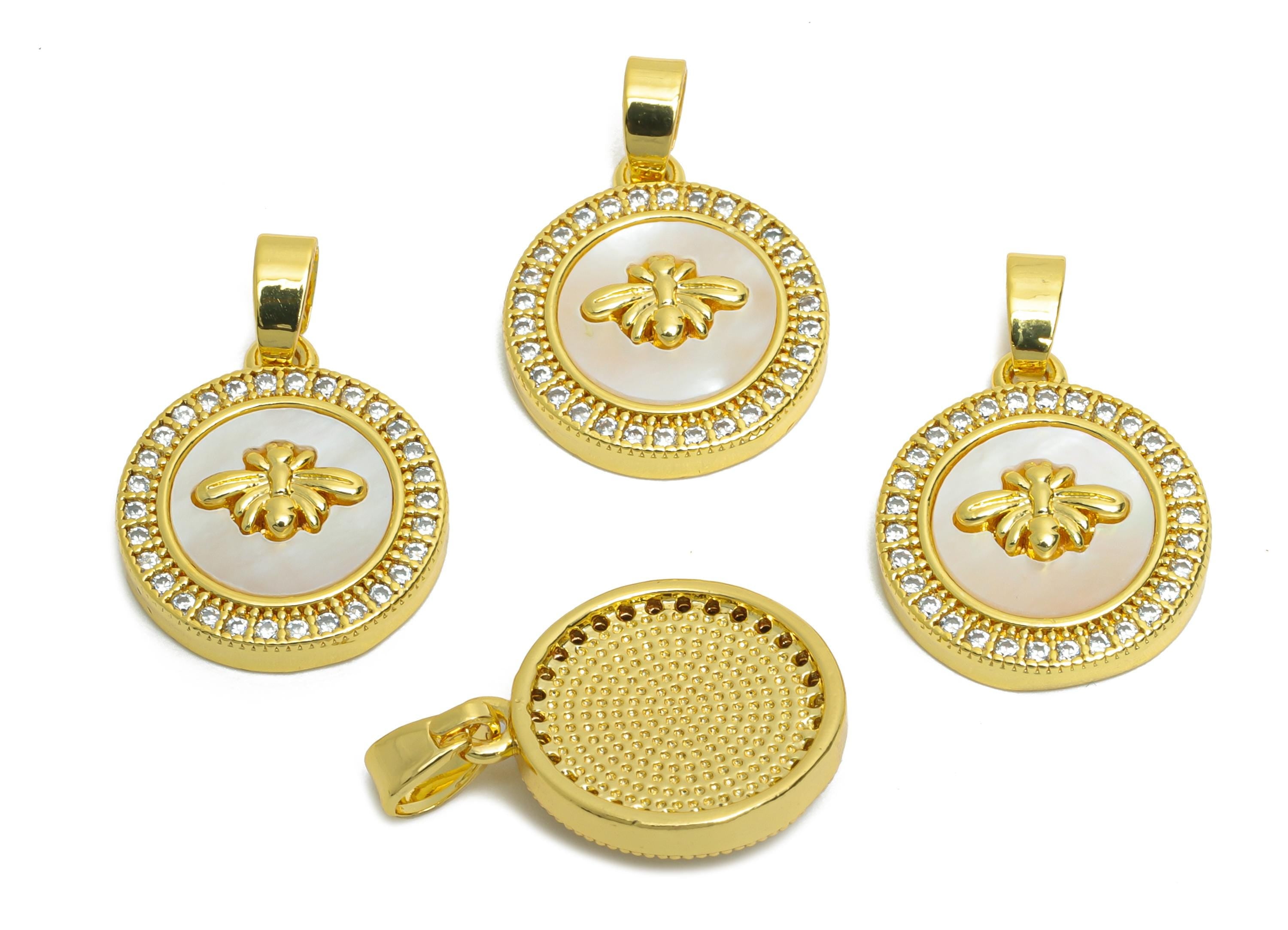 Brass Bee Shell Pendant - Brass Gold Bee Cubic Zircon Pendant - Luxury Dainty Pearl Pendant - 18K Real Gold Plated - 16x14.16x3mm - RGP10625 - DOMEDBAZAAR