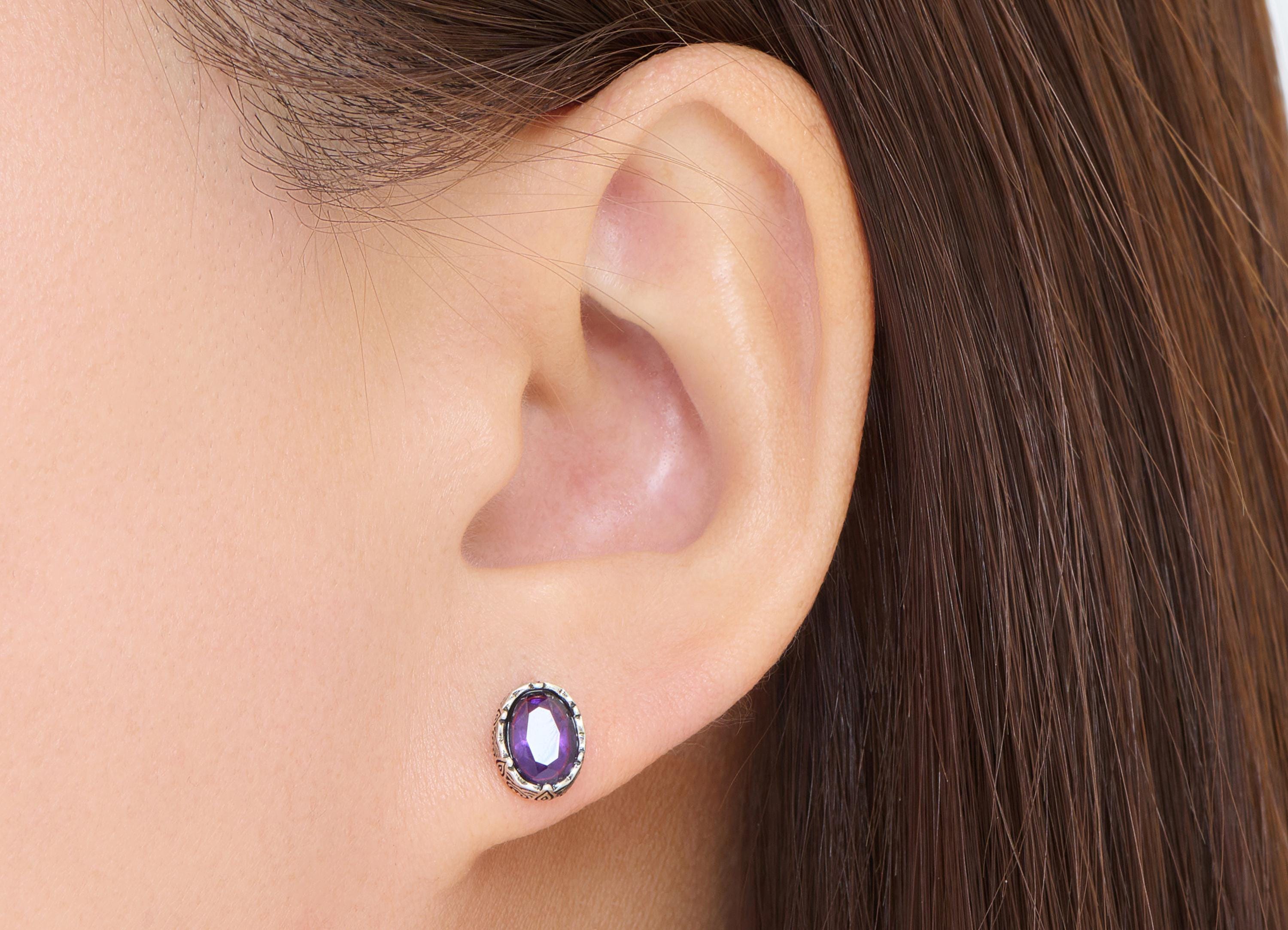 Amethyst Brass Oval Stud - Textured Faceted Natural Gemstone Post - Elegant Jewelry Making - Silver Stud - White K Plated - 9x7x3mm - NS2667 - DOMEDBAZAAR