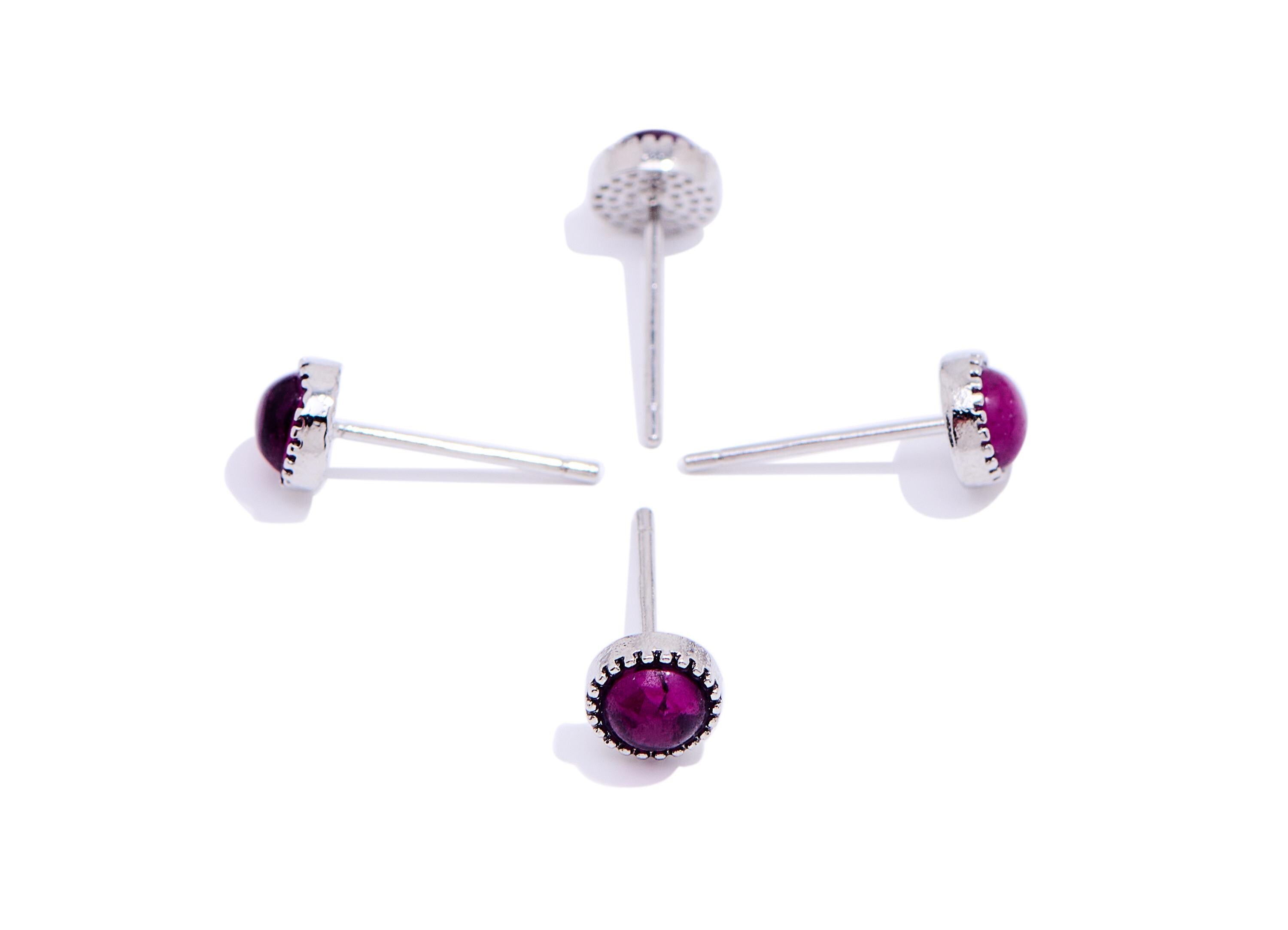 Garnet Brass Round Stud - Mini Round Gemstone Earring Post - Modern Jewelry Making - Silver Stud - White K Plated - 5.33x5.33x2.3mm - NS2655 - DOMEDBAZAAR