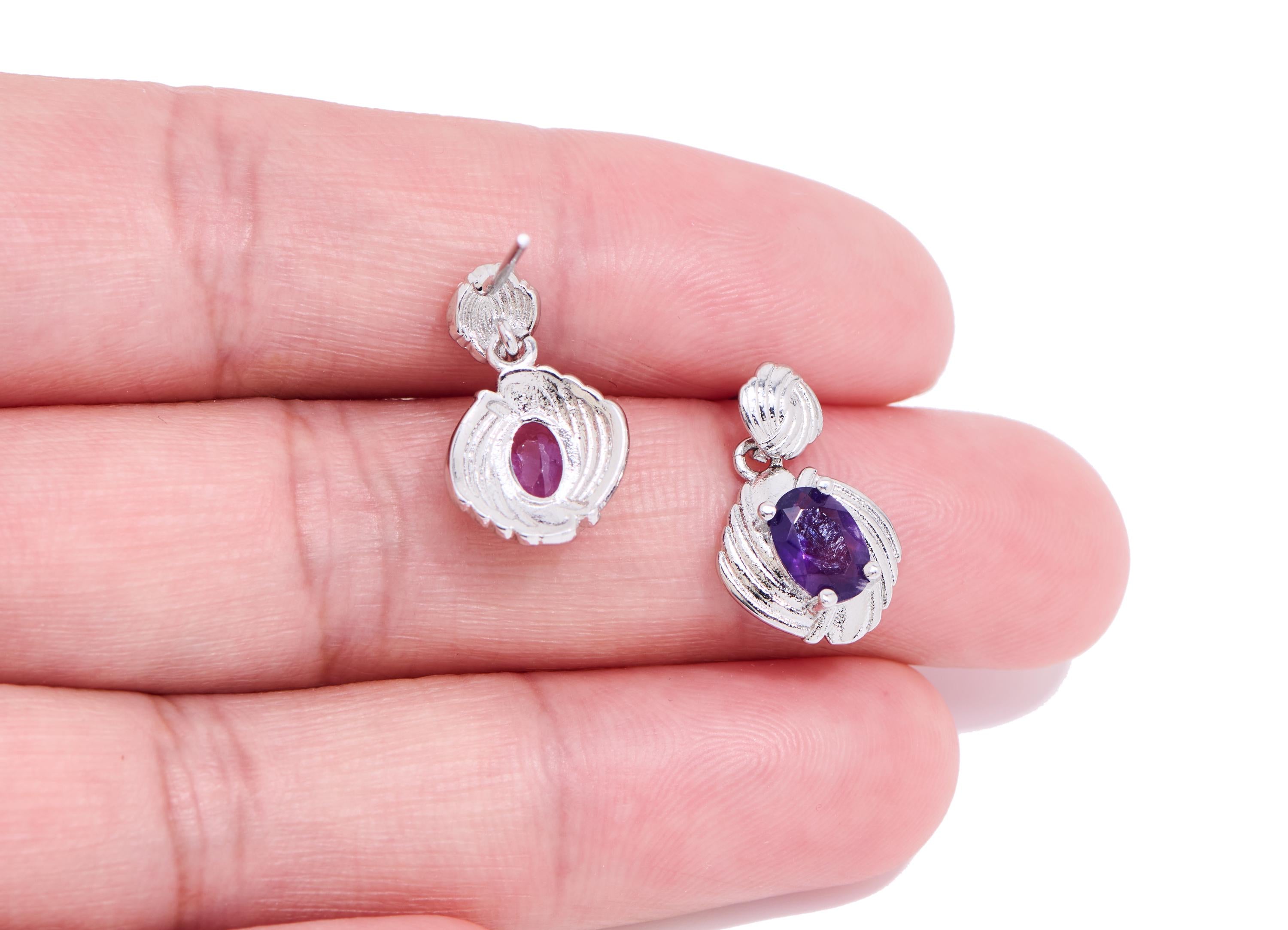 Amethyst Brass Dangle Stud - Vintage Faceted Gemstone Post - Elegant Jewelry Making - Silver Stud - White K Plated - 16.7x9.6x4.3mm - NS2632 - DOMEDBAZAAR