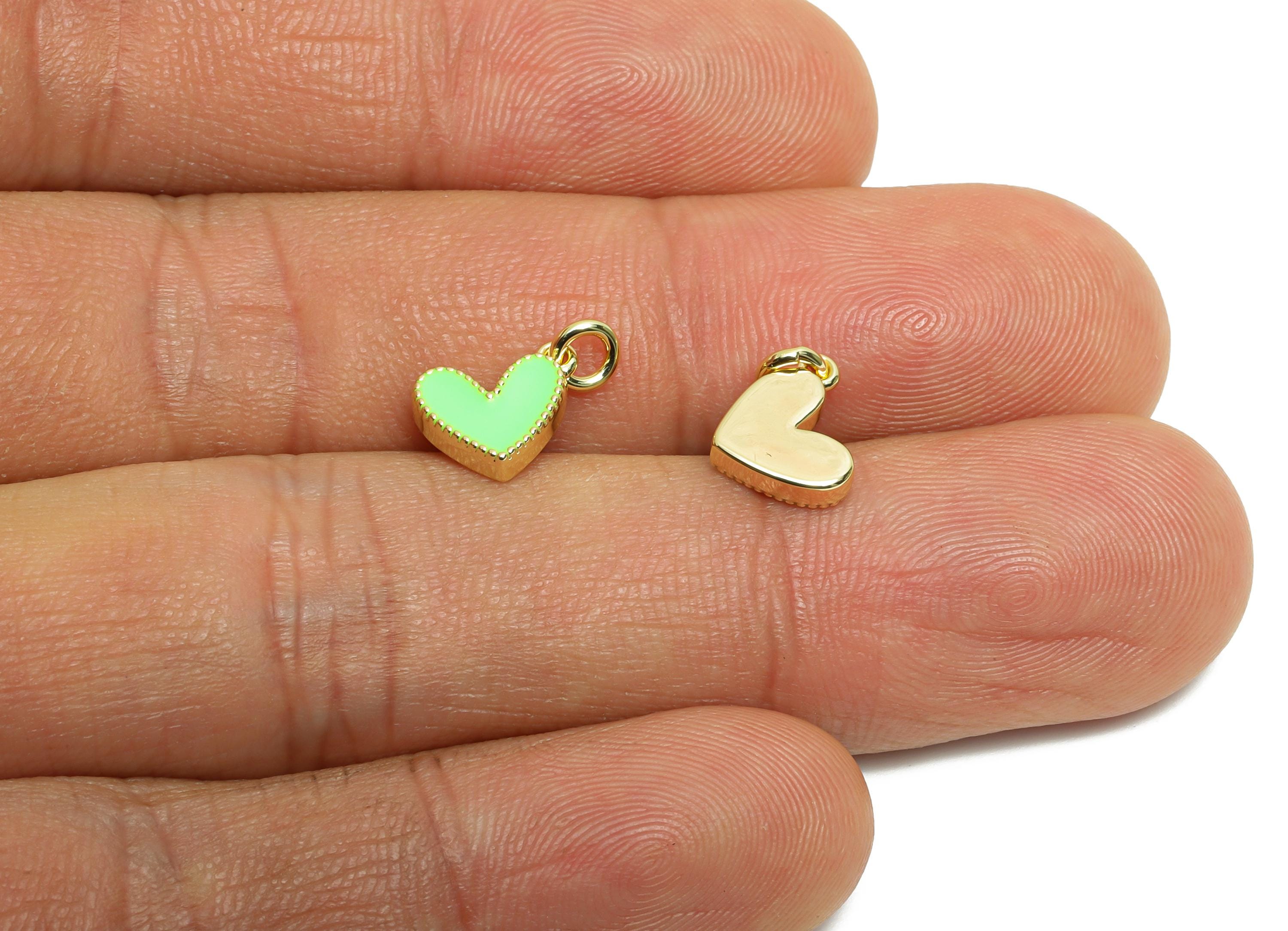 Brass Heart Earring Charm - Brass Green Enamel Earring Charm - Beaded Heart For Bracelet - 18K Real Gold Plated - 8.3x7.56x2.21mm - RGP10600 - DOMEDBAZAAR