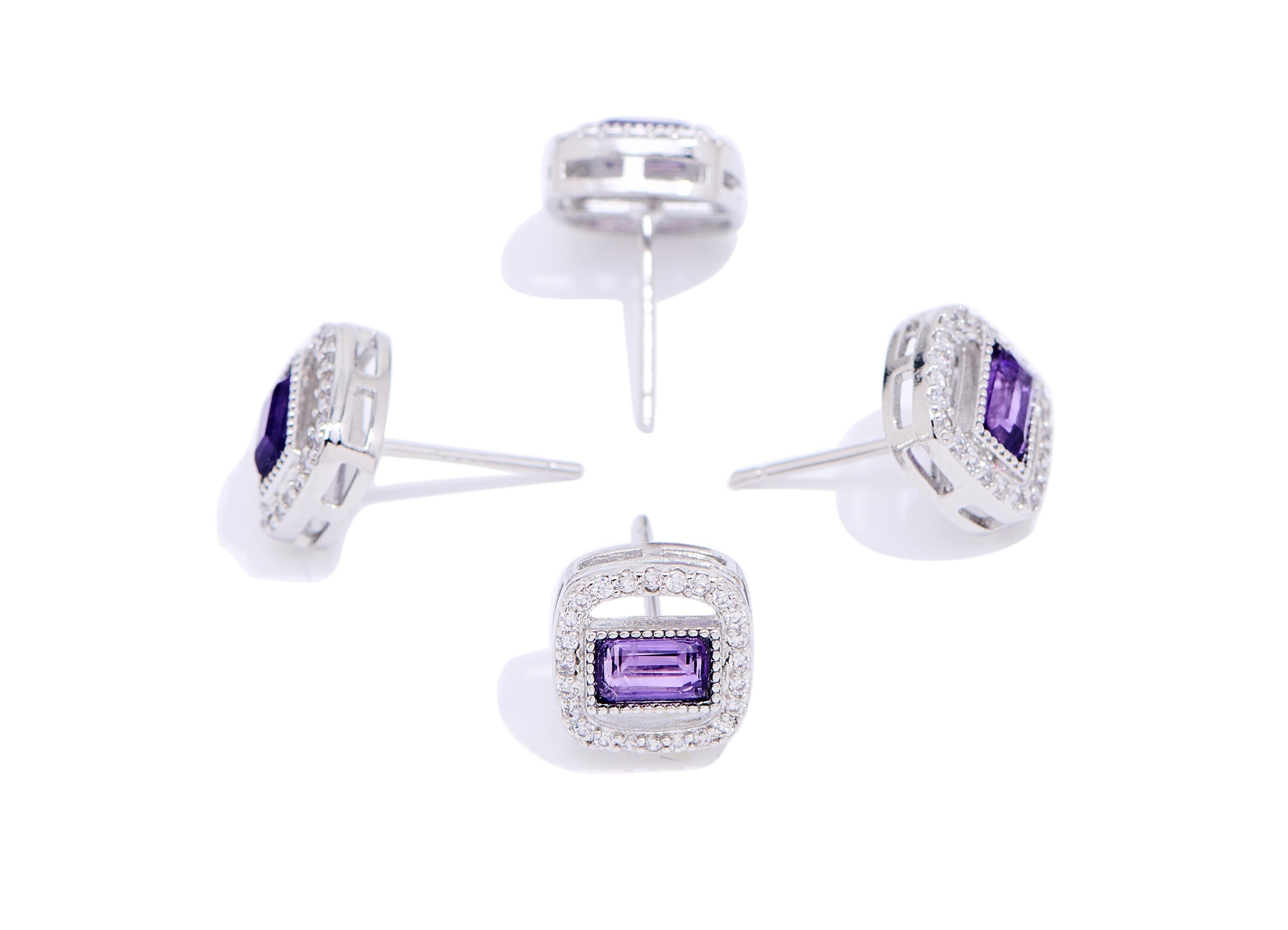 Amethyst Brass Square Stud - Vintage Rectangle Gemstone Post - Elegant Jewelry Making - Silver Stud - White K Plated - 9.66x9x4.7mm - NS2668 - DOMEDBAZAAR