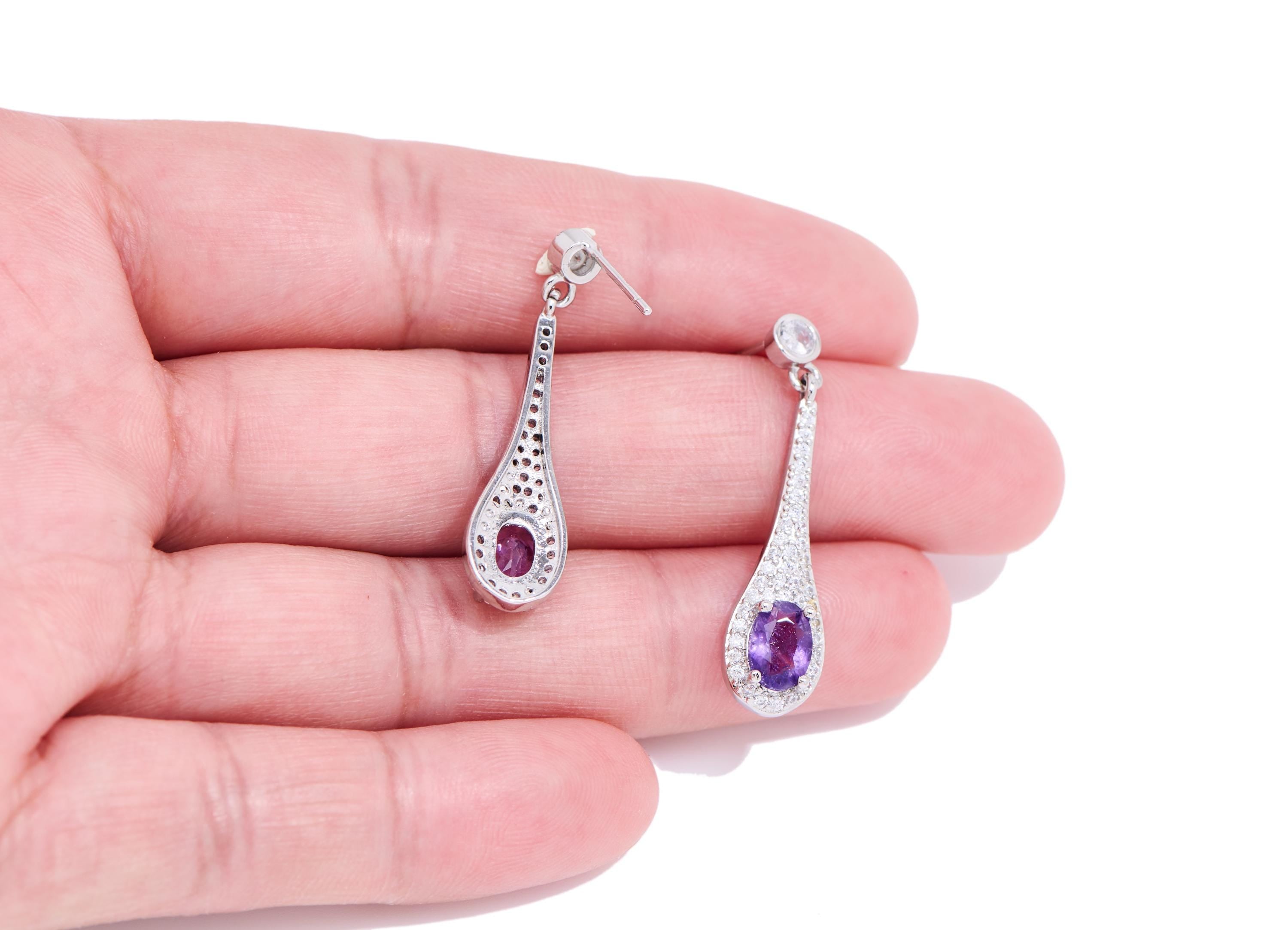 Amethyst Brass Dangle Teardrop Stud - Luxury Zircon Gemstone Post - Sparkling Jewelry Making - Silver Stud - White K Plated -32x8x5mm-NS2666 - DOMEDBAZAAR