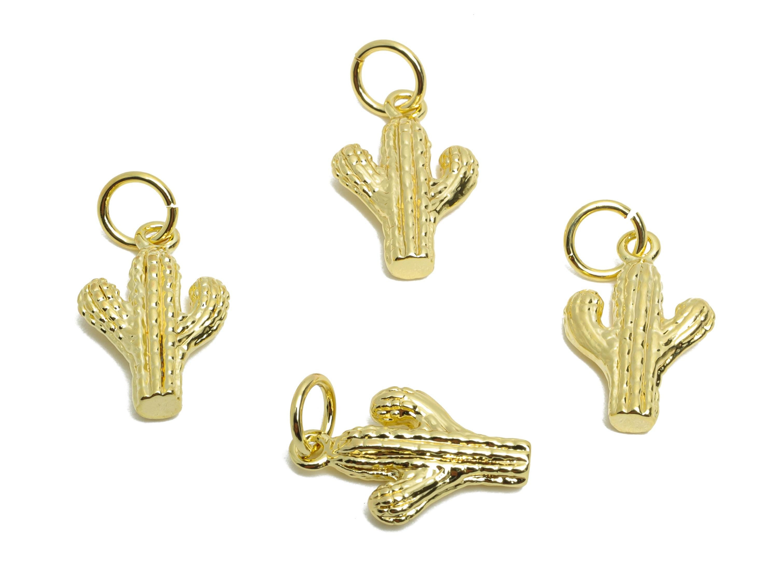Brass Cactus Earring Charm - Brass Botanical Earring Charm - Figure Charm For DIY Bracelet - 18K Real Gold Plated - 14x8.97x1mm - RGP10606 - DOMEDBAZAAR
