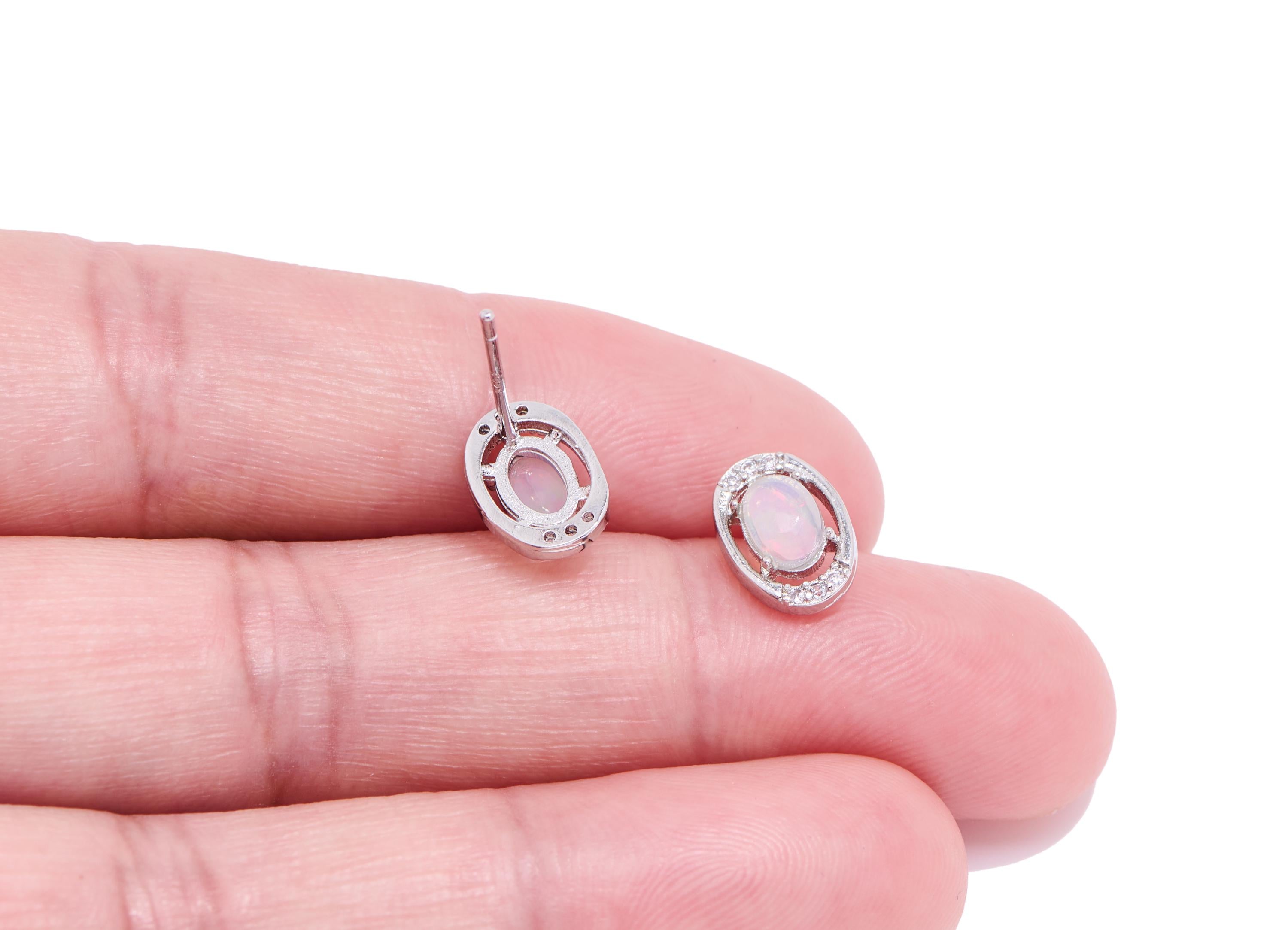 Opal Stone Brass Oval Stud - Shimmering Zircon Gemstone Post - Minimalist Jewelry Making - Silver Stud - White K Plated - 10x7x4mm -NS2640 - DOMEDBAZAAR