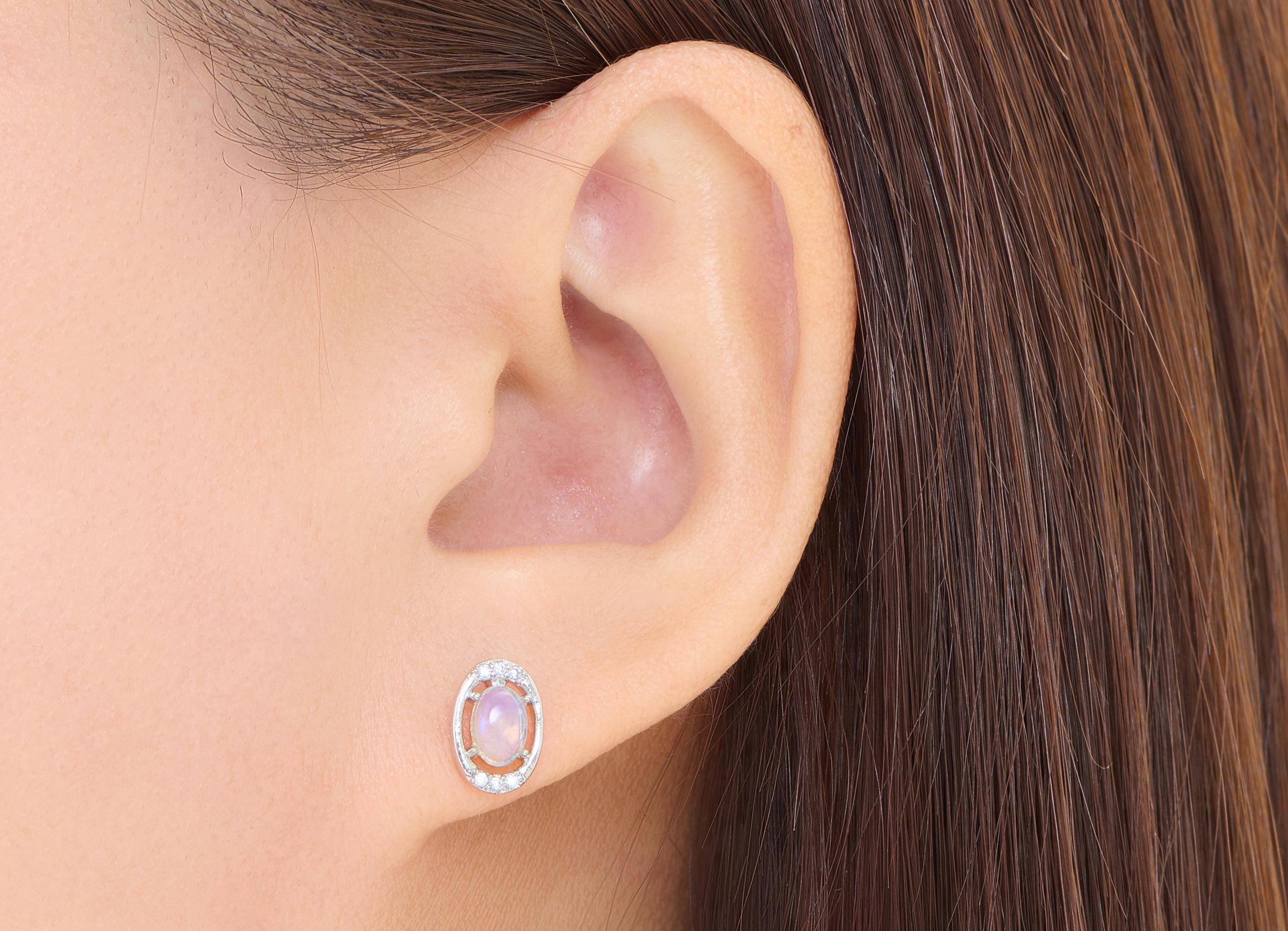 Opal Stone Brass Oval Stud - Shimmering Zircon Gemstone Post - Minimalist Jewelry Making - Silver Stud - White K Plated - 10x7x4mm -NS2640 - DOMEDBAZAAR