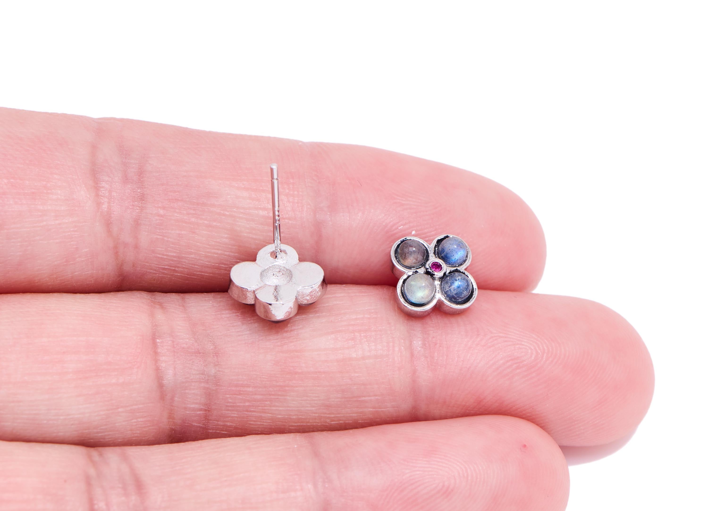 Moonstone Brass Flower Studs - Four-Leaf Clover Gem Earring Posts - Jewelry Making - Silver Stud - White K Plated - 9.5x7.9x3.9mm - NS2604 - DOMEDBAZAAR