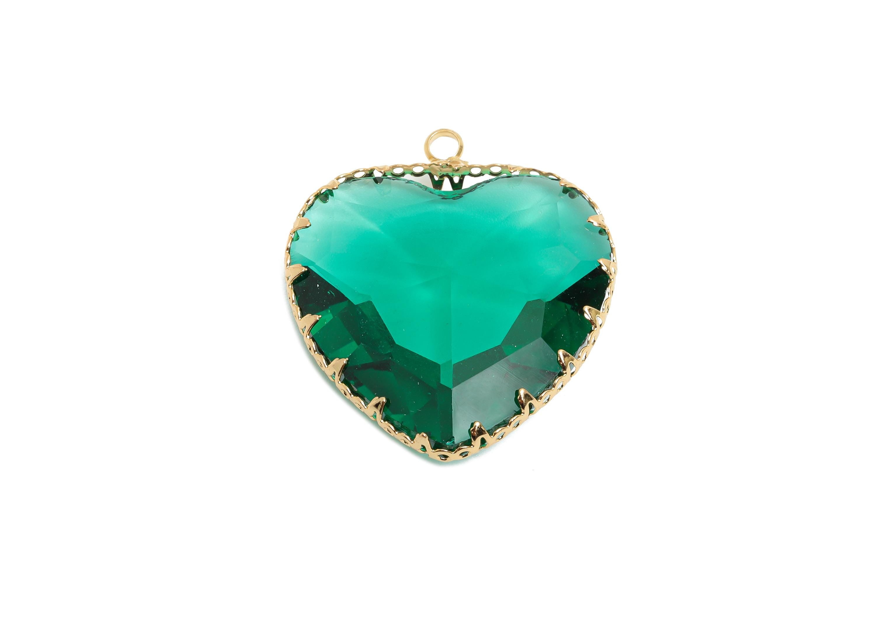 Glass Heart Earring Charms - Brass Sparking Frame Pendant - Romantic Heart Charm - Faceted Glass - Gold Tone Plated - 31x27x9.64mm - GS1163A - DOMEDBAZAAR