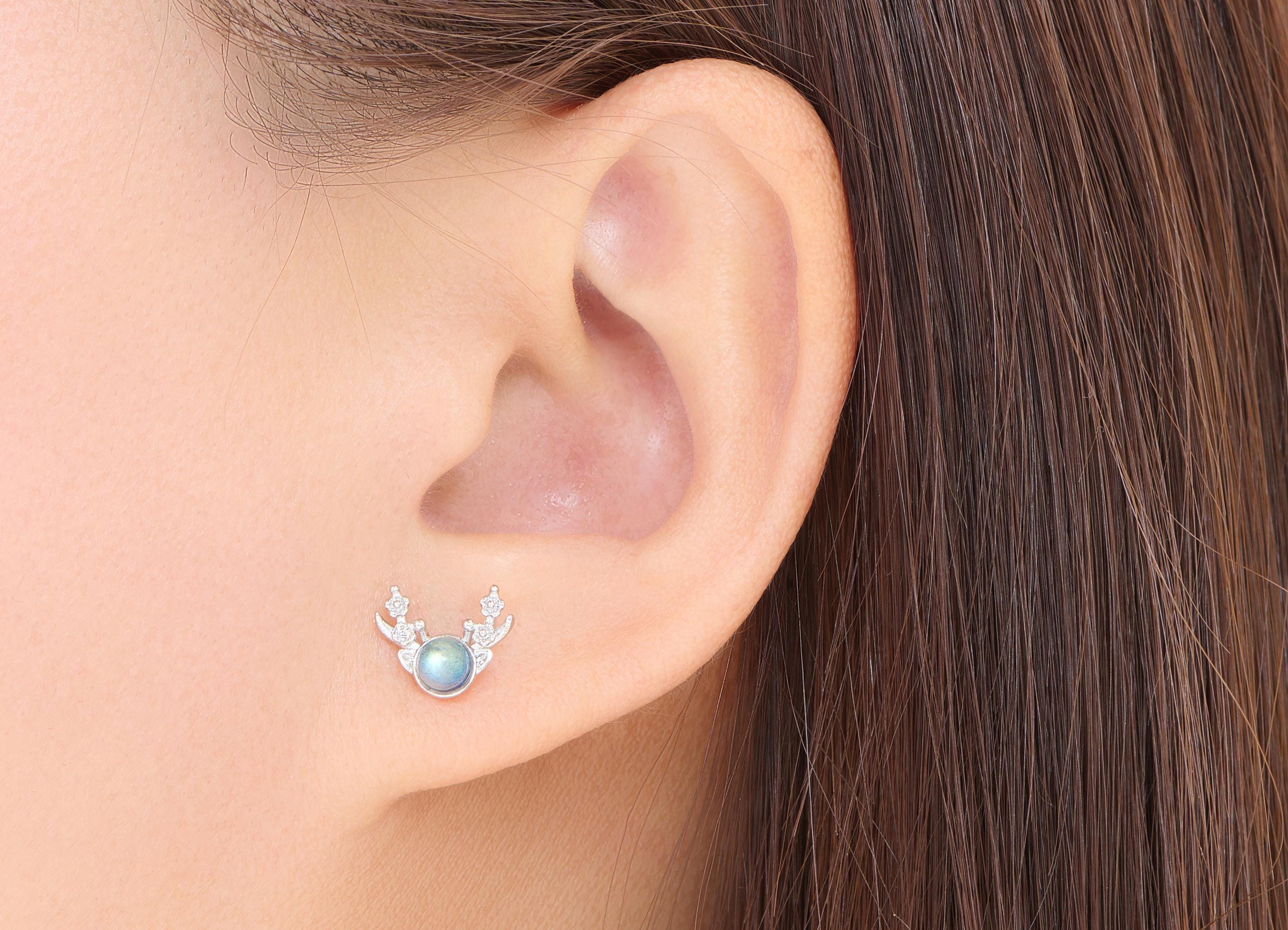 Moonstone Brass Antler Studs - Sparkling Gemstone Earring Posts - Jewelry Making - Silver Stud - White K Plated - 10.91x8.78x5.3mm - NS2644 - DOMEDBAZAAR