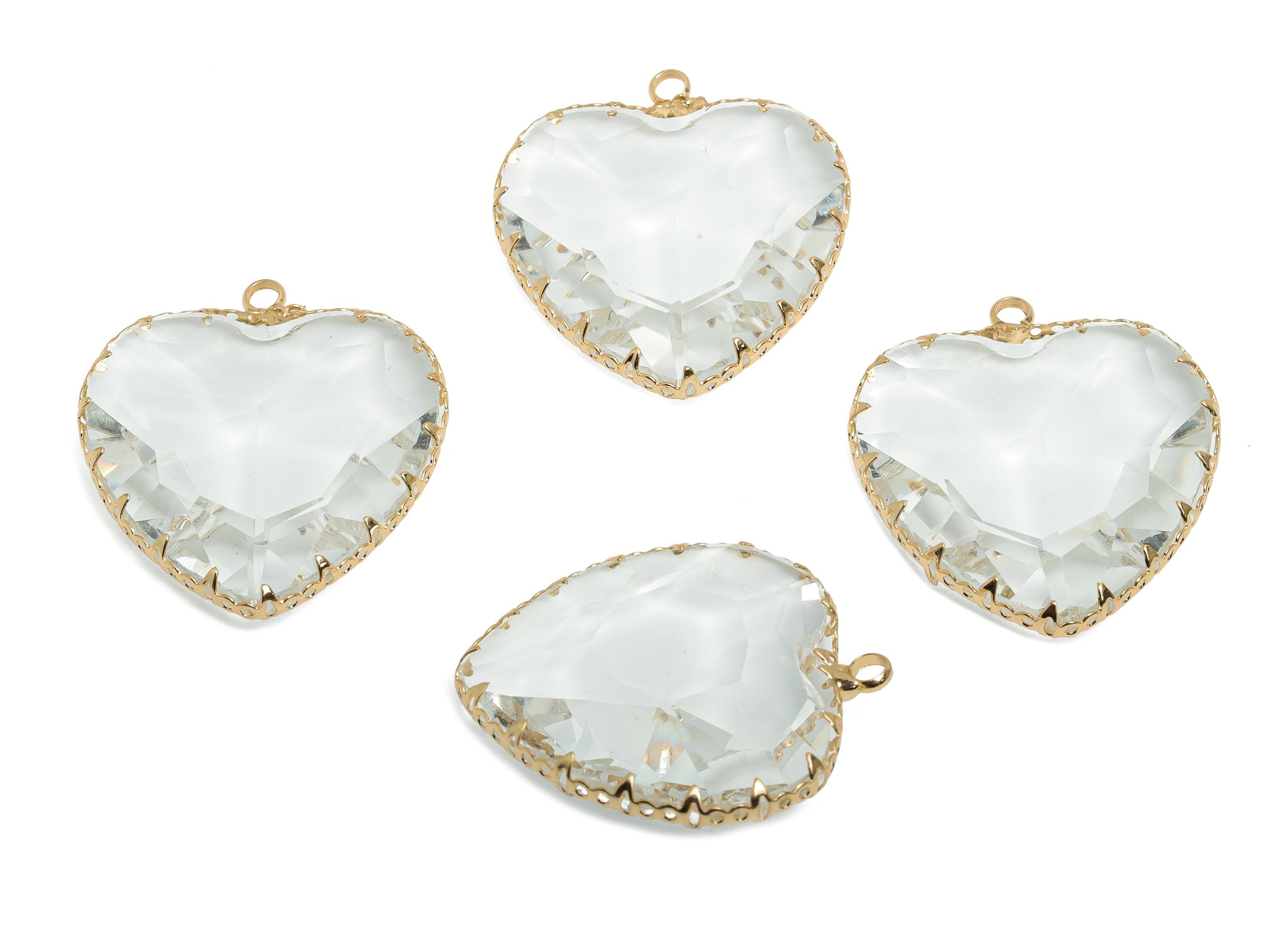 Glass Heart Earring Charms - Brass Sparking Frame Pendant - Romantic Heart Charm - Faceted Glass - Gold Tone Plated - 31x27.94x9mm - GS1163B - DOMEDBAZAAR