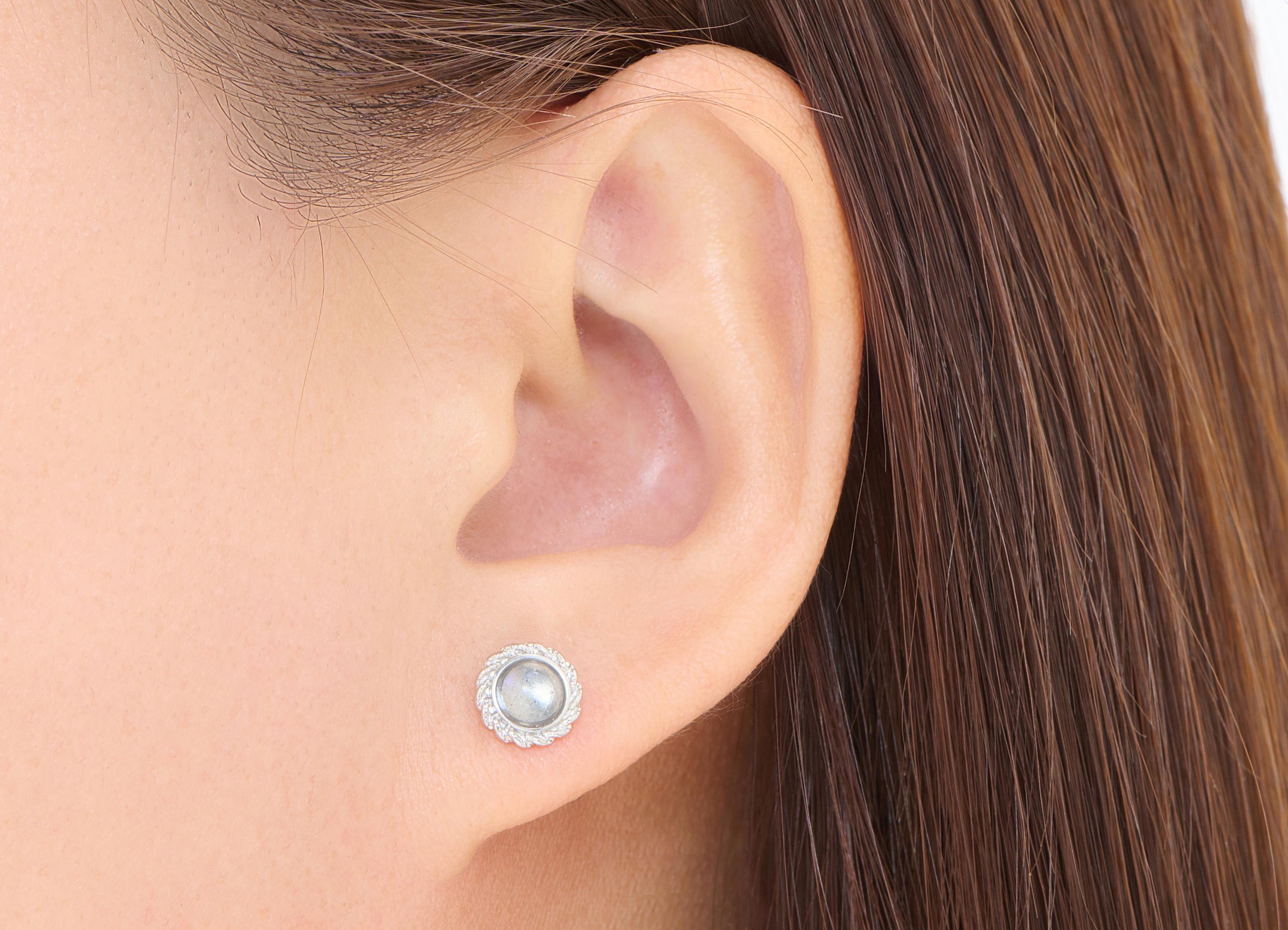 Moonstone Brass Flower Studs - Textured Round Gemstone Posts - Modern Jewelry Making - Silver Stud - White K Plated - 8.26x8.26x3mm - NS2660 - DOMEDBAZAAR