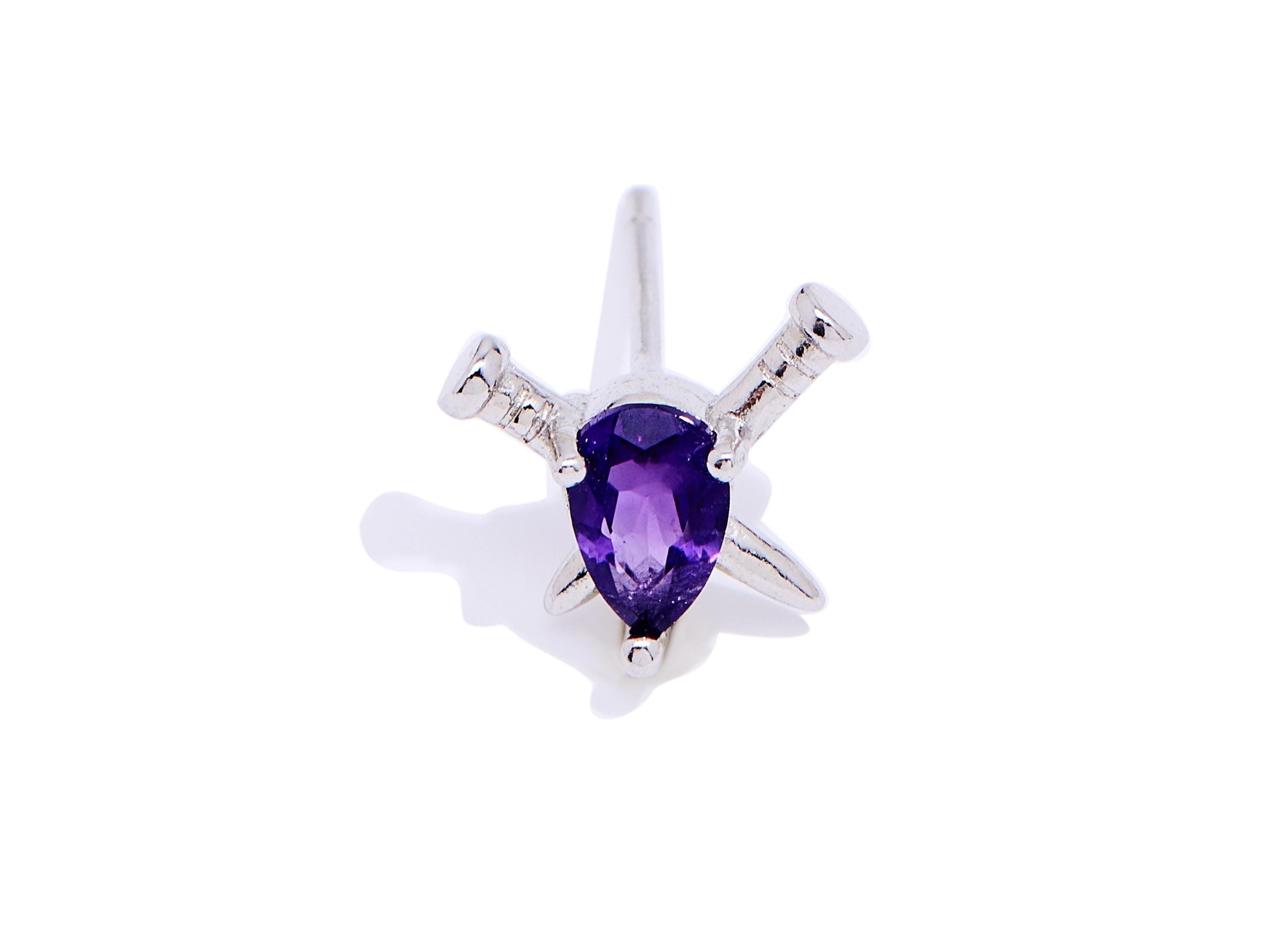 Amethyst Brass Sword Studs - Double Sword Cross Gem Posts - Unique Jewelry Making - Silver Stud - White K Plated - 10.66x8.62x4mm - NS2650 - DOMEDBAZAAR
