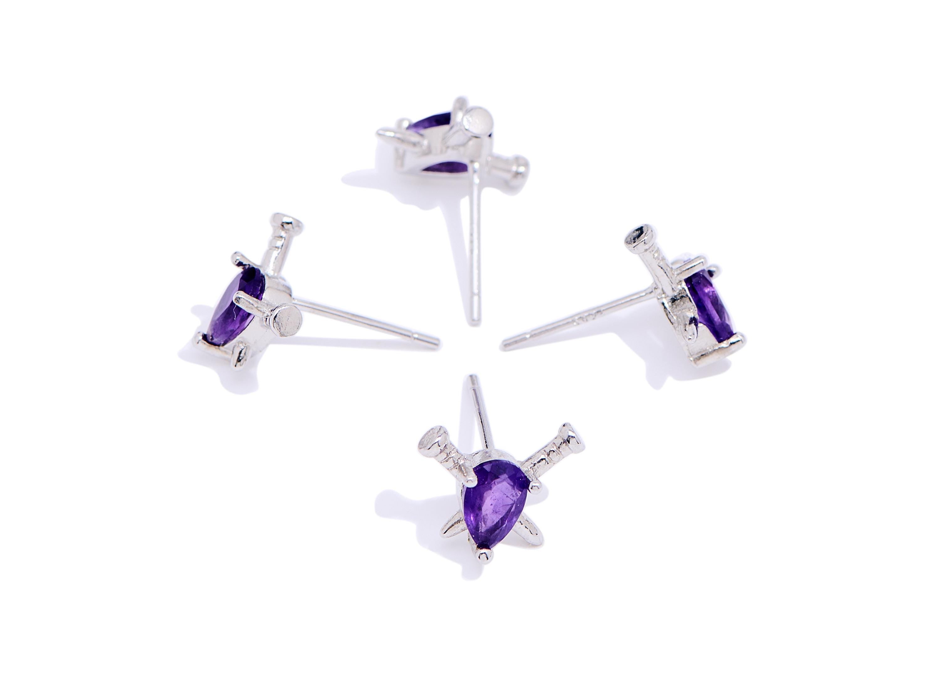 Amethyst Brass Sword Studs - Double Sword Cross Gem Posts - Unique Jewelry Making - Silver Stud - White K Plated - 10.66x8.62x4mm - NS2650 - DOMEDBAZAAR