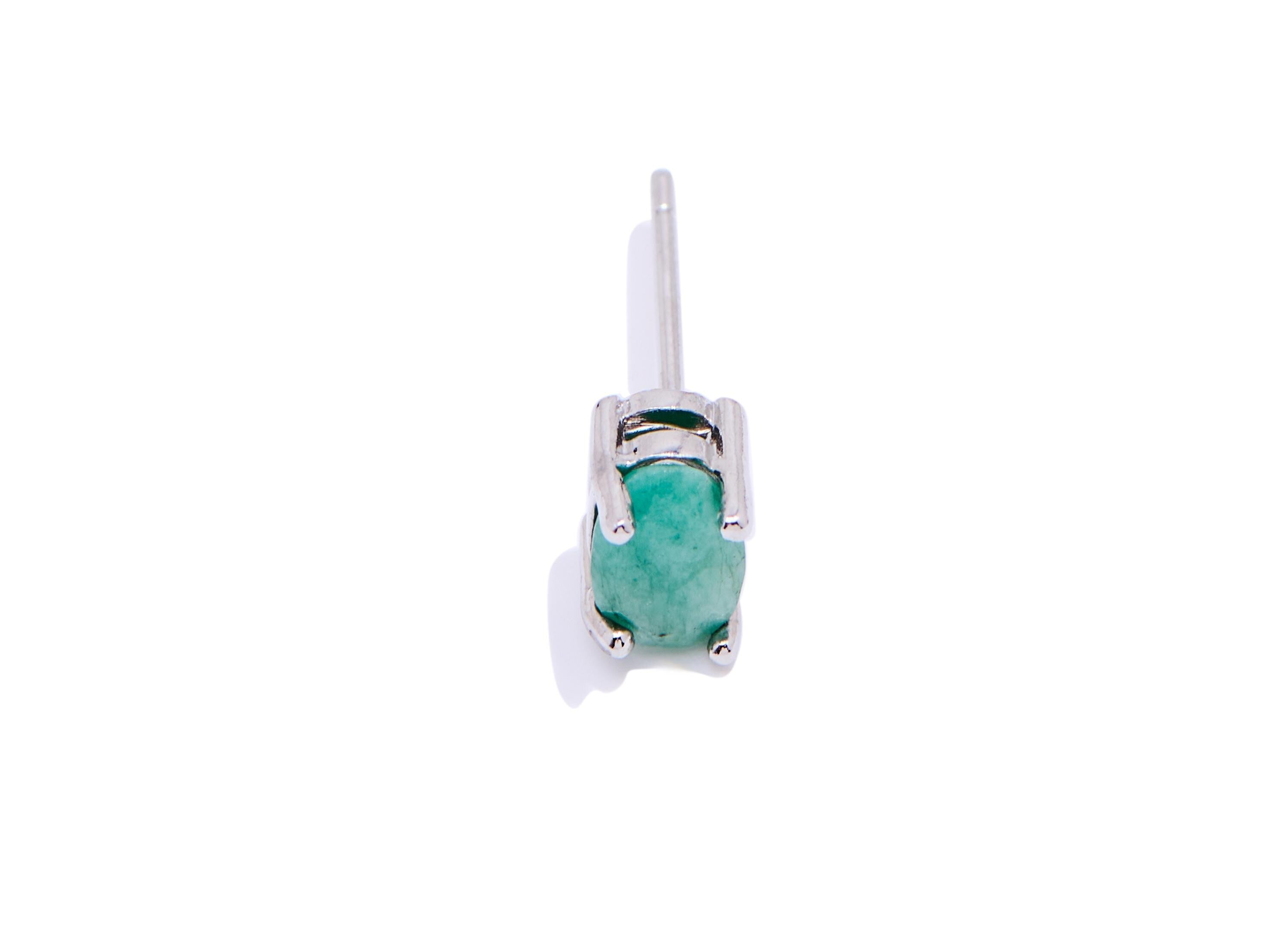 Emerald Brass Oval Stud - Simple Oval Gemstone Earring Post - Classic Jewelry Making - Silver Stud - White K Plated - 6.13x3.4x5mm - NS2569 - DOMEDBAZAAR