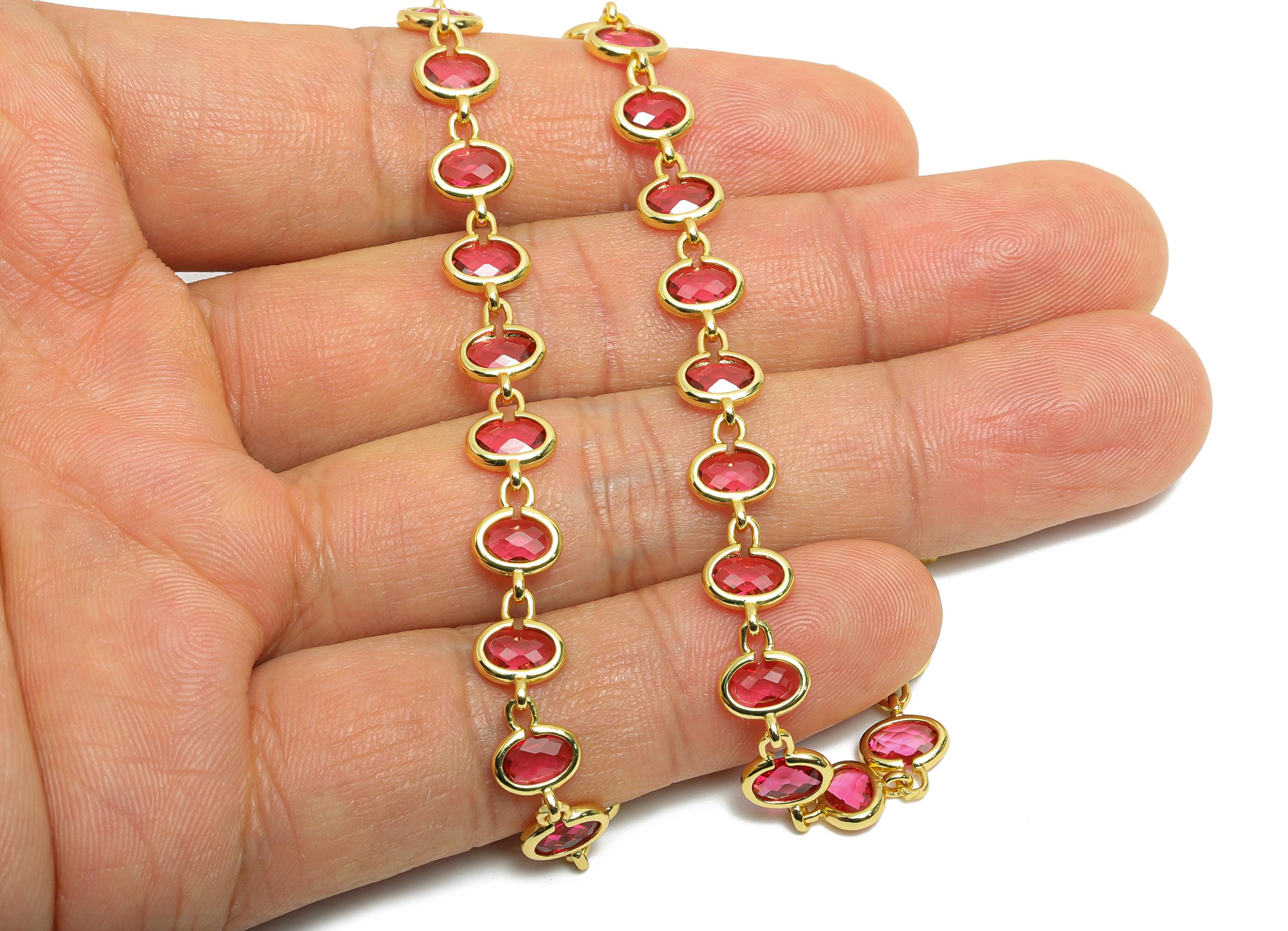 Brass Sparkling Crystal Chain - Brass Pink Stones Chain - 15.75inch/strand - DIY Necklace Jewelry - 18K Real Gold Plating - RGP10459 - DOMEDBAZAAR