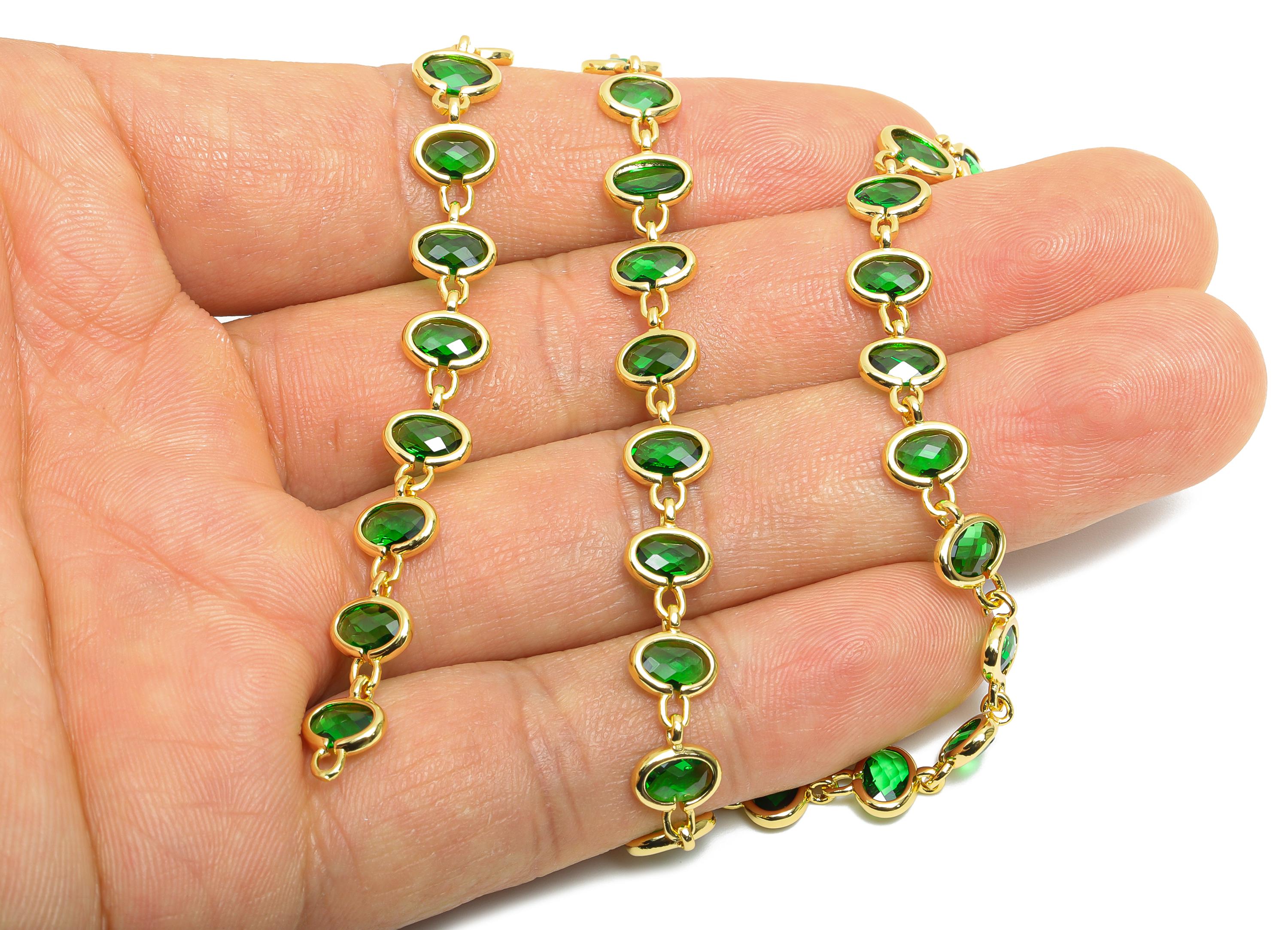 Brass Sparkling Crystal Chain - Brass Green Stones Chain - 15.75inch/strand - Dainty DIY Necklace Jewelry - 18K Real Gold Plating -RGP10461 - DOMEDBAZAAR