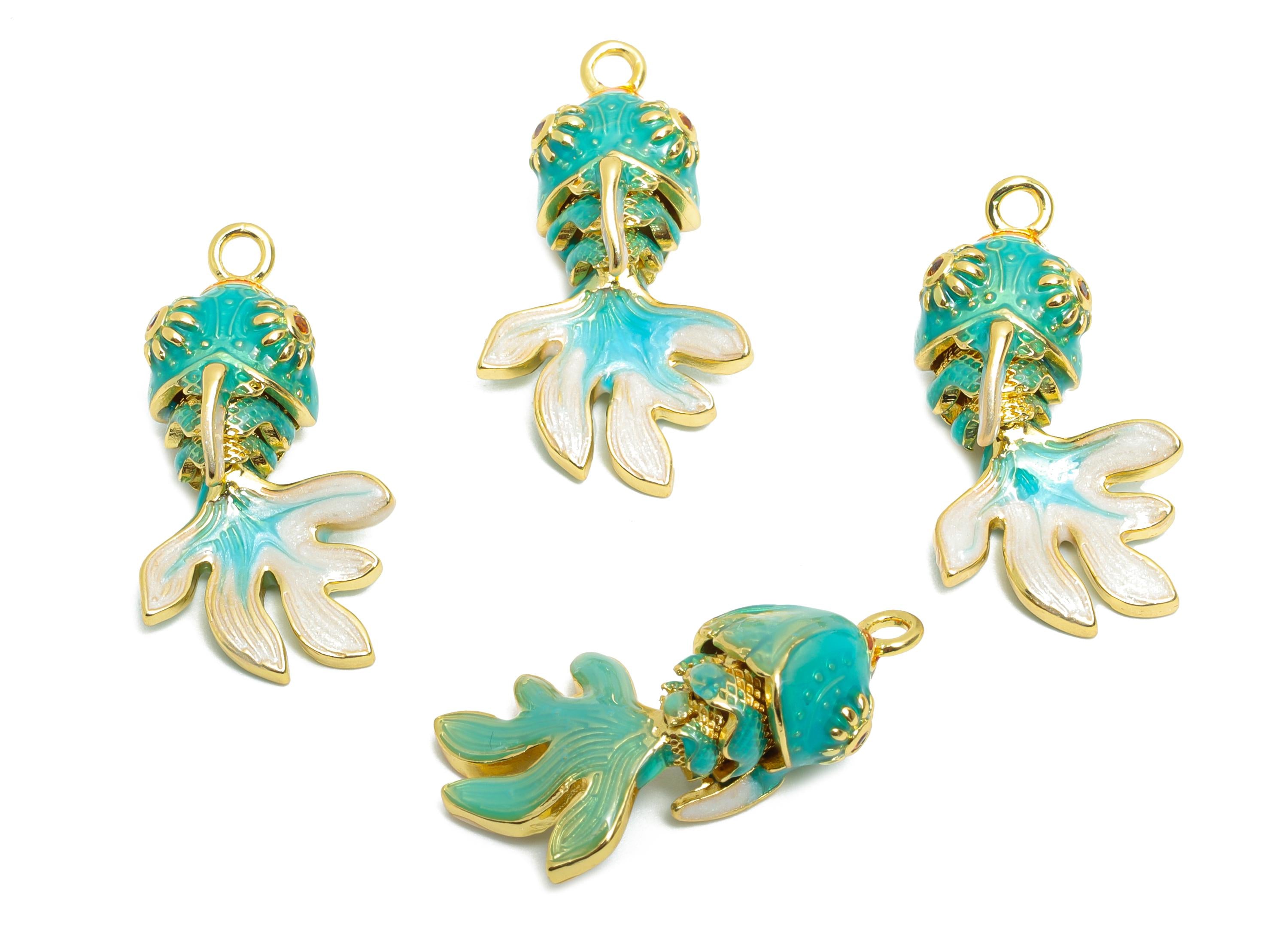 Dainty Cloisonne Enamel Fish Charm - Brass Colorful Movable Fish Charm - Active Fish Pendant - 18K Real Gold Plating - 25x14x7mm - RGP10450 - DOMEDBAZAAR