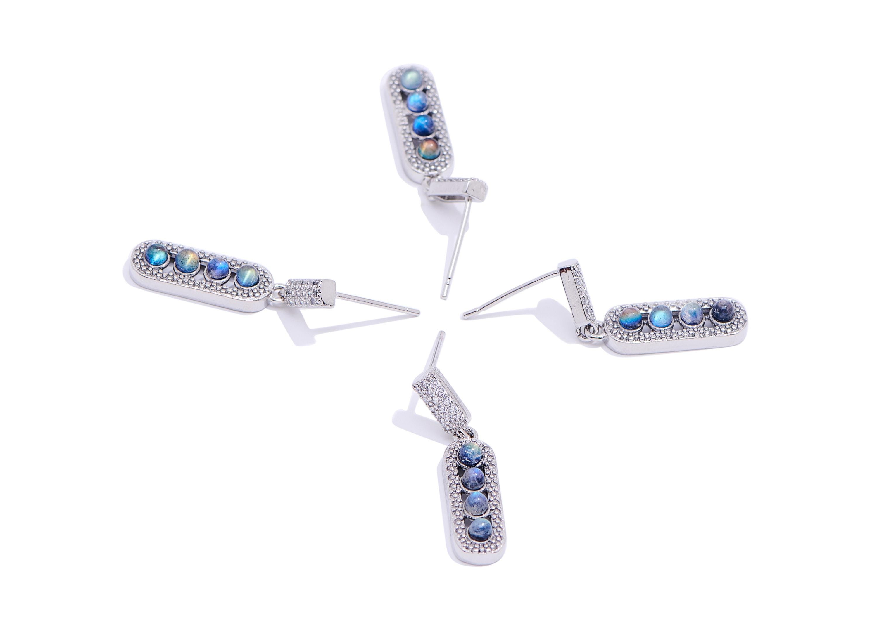 Moonstone Brass Dangle Rectangle Stud - Chic Zircon Geometric Gemstone Post - Jewelry Making - Silver Stud - White K Plated -26x6x4mm-NS2597 - DOMEDBAZAAR