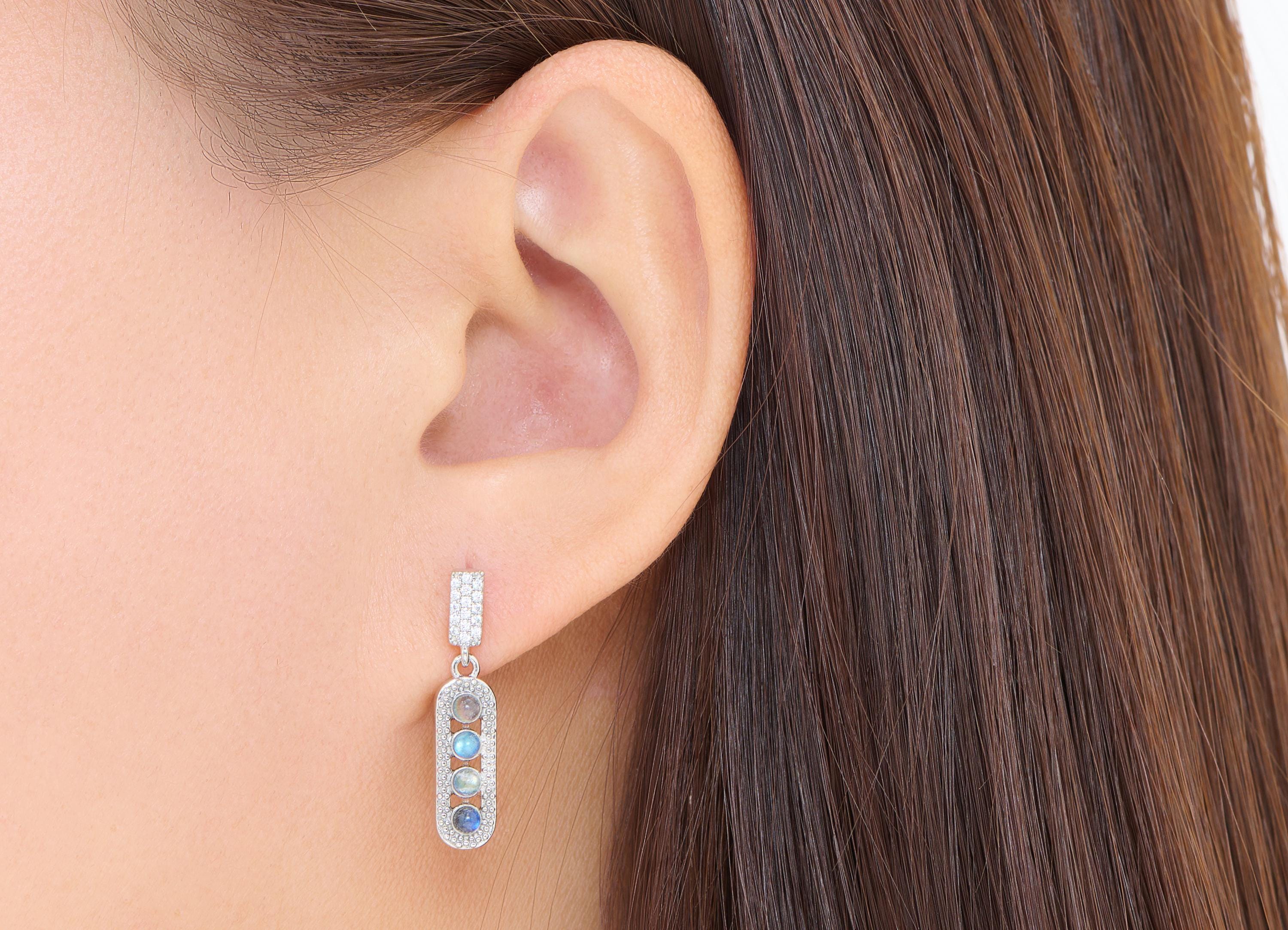 Moonstone Brass Dangle Rectangle Stud - Chic Zircon Geometric Gemstone Post - Jewelry Making - Silver Stud - White K Plated -26x6x4mm-NS2597 - DOMEDBAZAAR