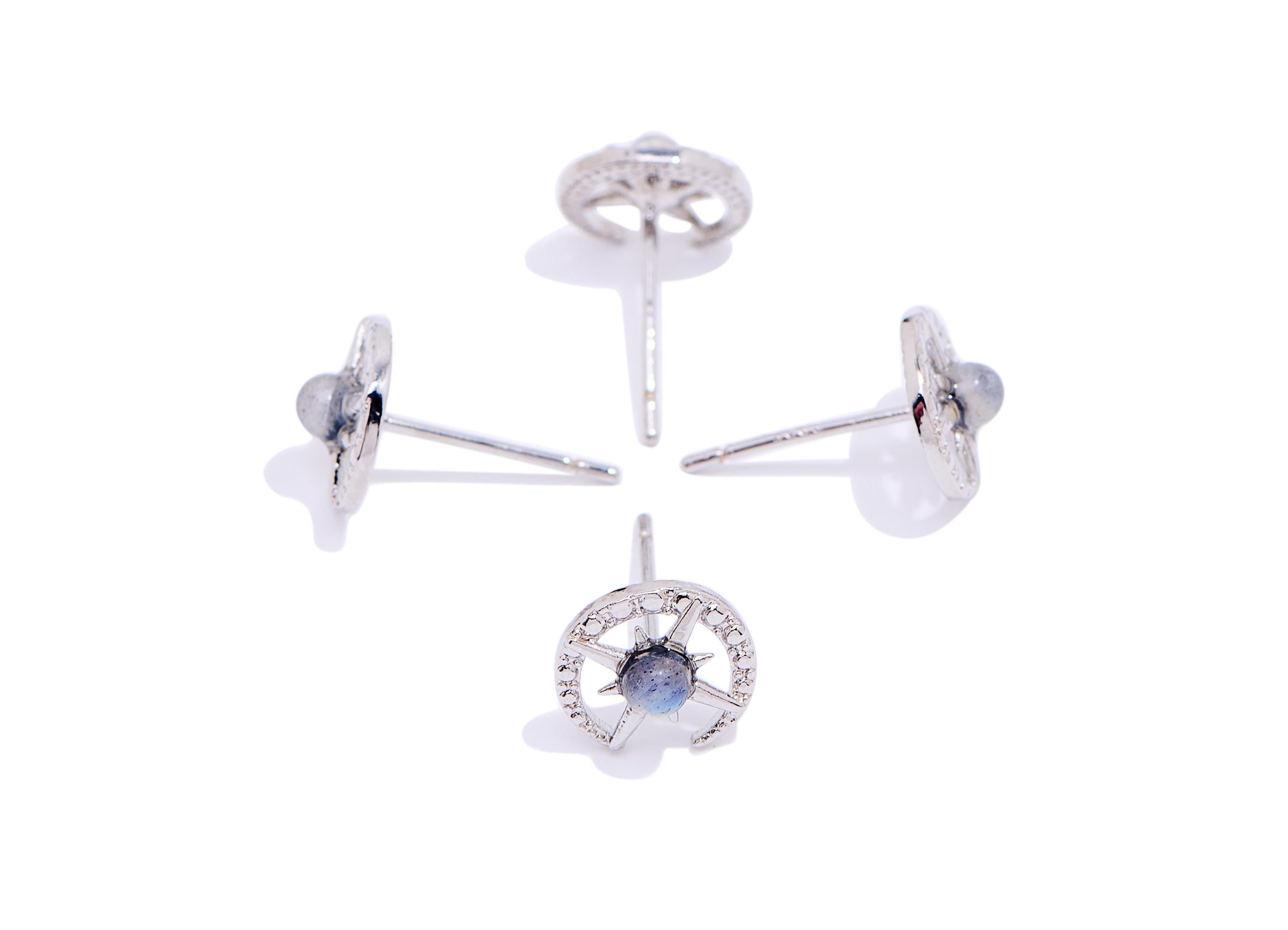 Moonstone Brass Star Compass Stud - Refined Crescent Gemstone Post - Jewelry Making - Silver Stud - White K Plated - 8.93x8.3x3.5mm - NS2651 - DOMEDBAZAAR