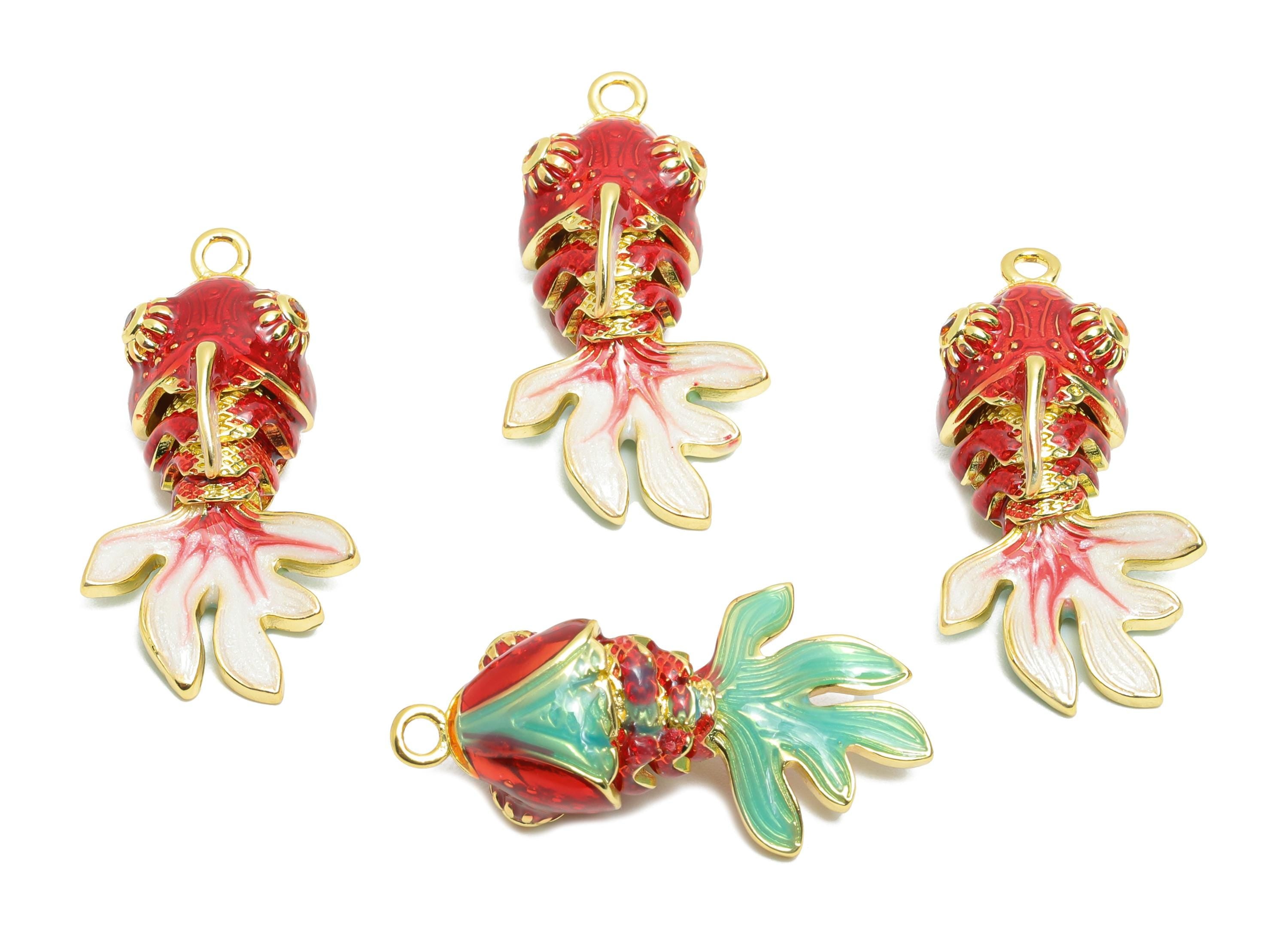 Dainty Cloisonne Enamel Fish Charm - Brass Colorful Movable Fish Charm - Active Fish Pendant - 18K Real Gold Plating - 29x15x10mm - RGP10451 - DOMEDBAZAAR
