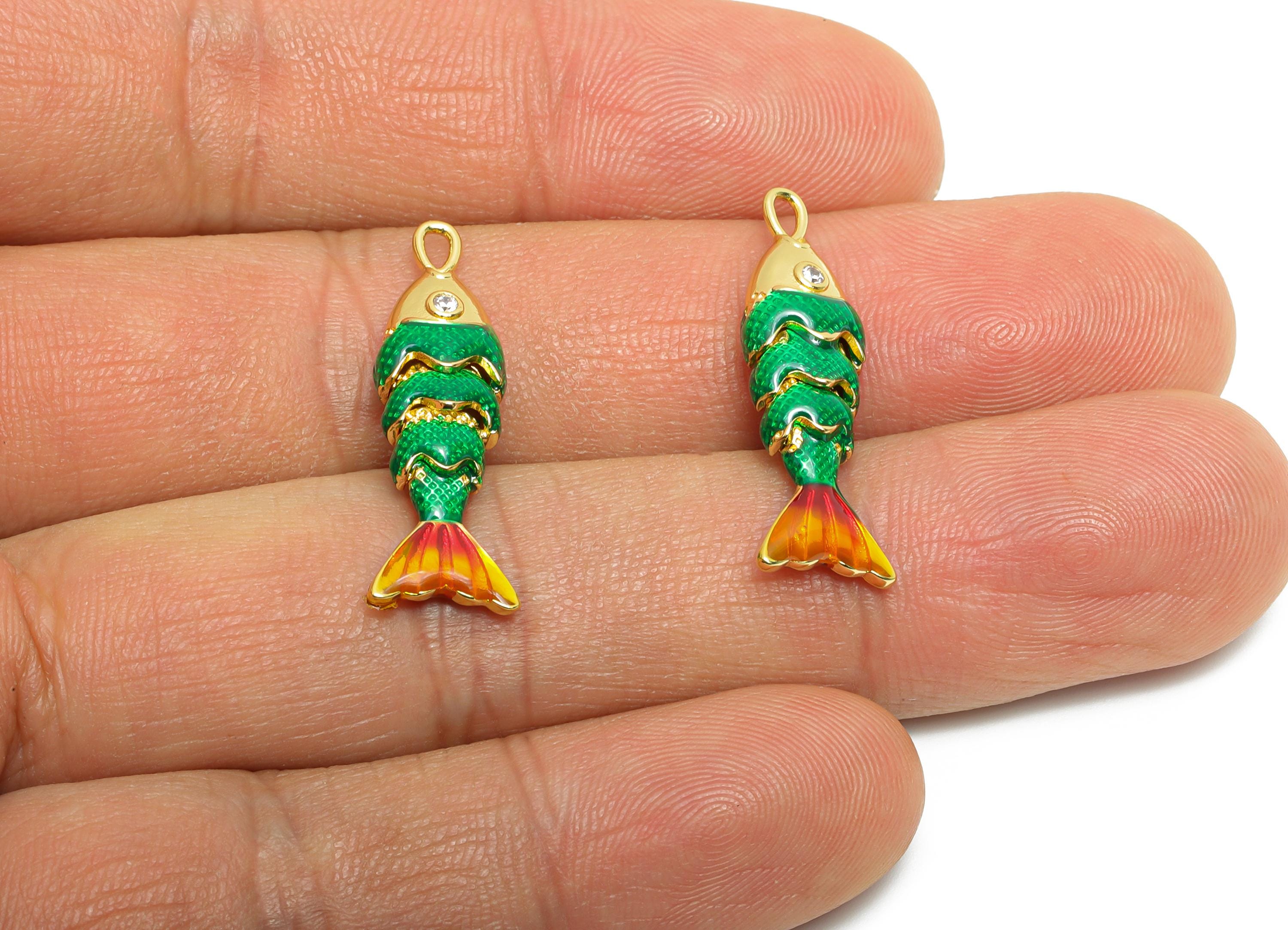 Refined Cloisonne Enamel Fish Charm - Brass Movable Fish Charm - CZ Handmade Articulated Fish - 18K Real Gold Plated - 27x8x5.9mm - RGP10442 - DOMEDBAZAAR