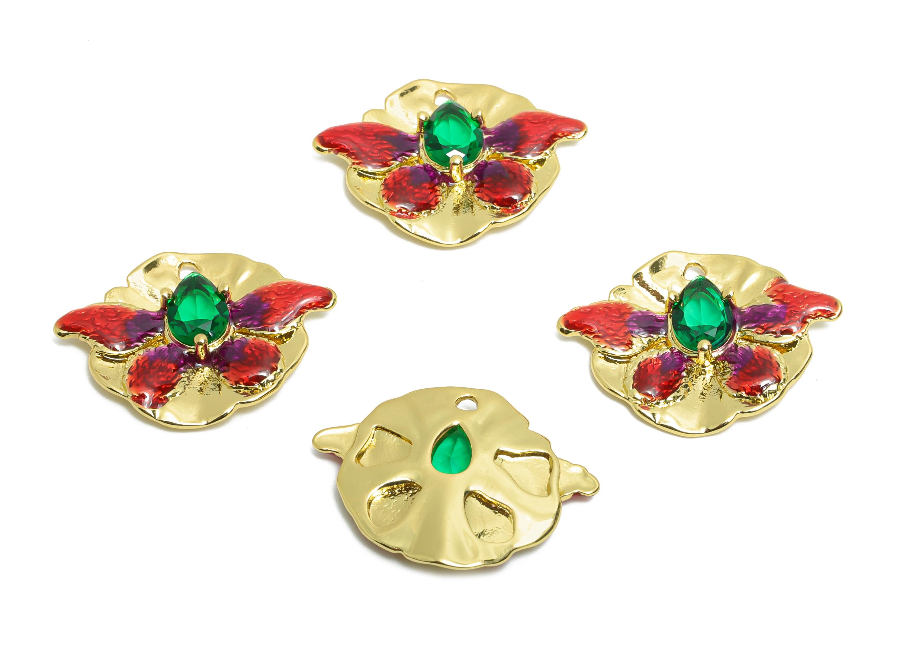 Teardrop Butterfly Charm - Brass Colorful Enamel Fish Charm - Red Enamel Butterfly Pendant - 18K Real Gold Plating - 23x17.52x3mm - RGP10448 - DOMEDBAZAAR