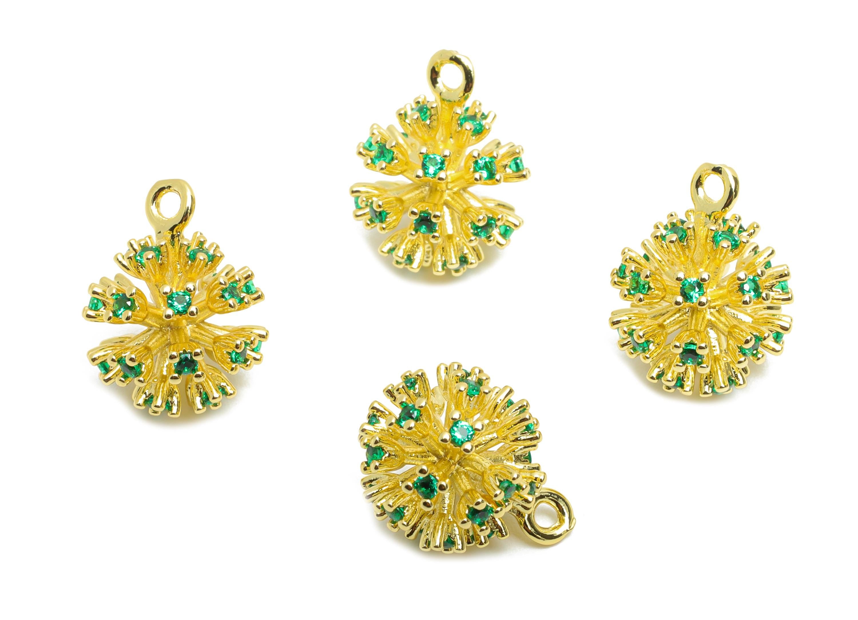 Brass Flower Earring Charm - Textured Gold Snowflake Ball Charm - Dainty CZ Jewelry - 18K Real Gold Plated - 13.23x10.65x10.65mm - RGP10458 - DOMEDBAZAAR