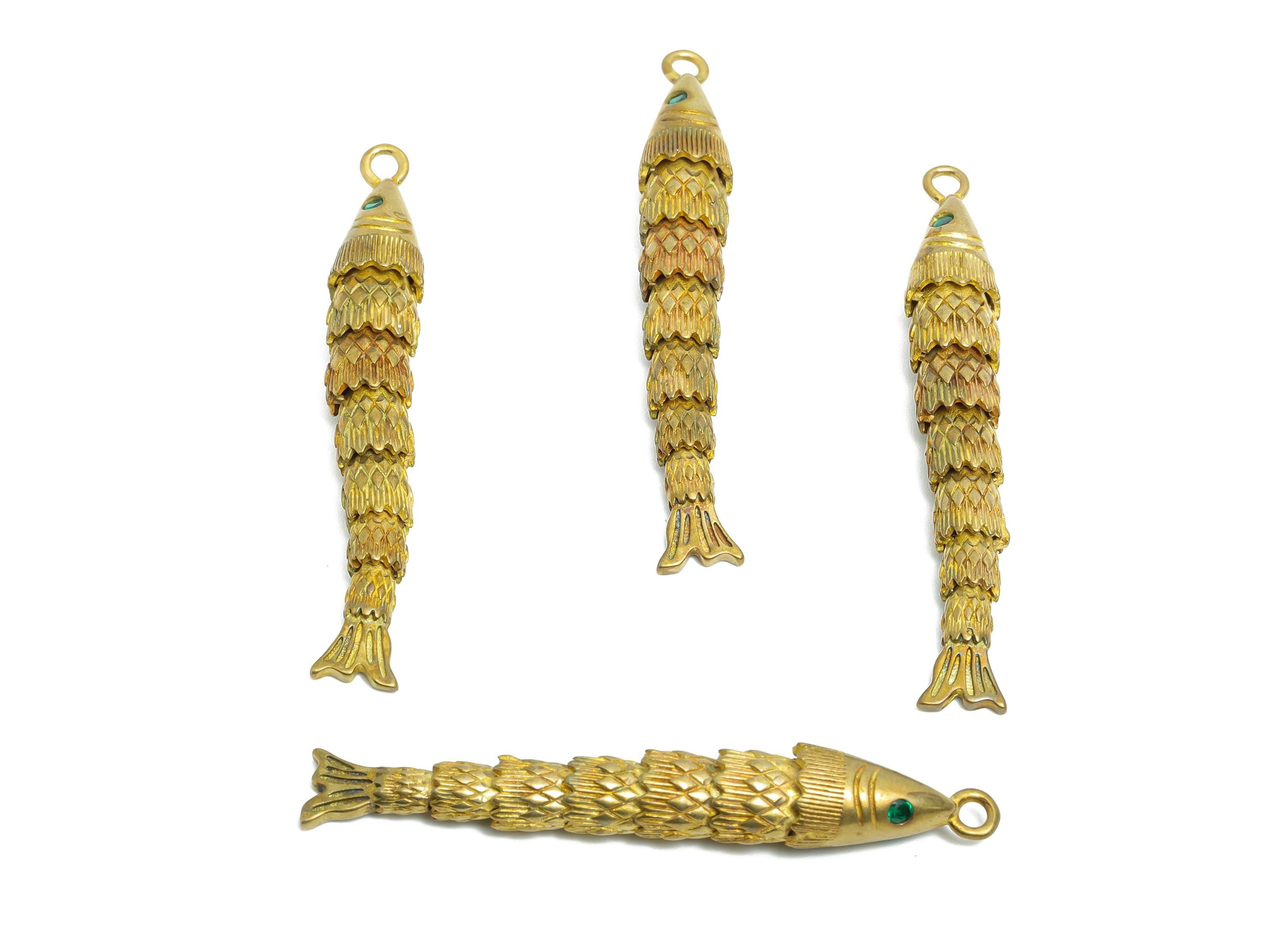 Movable 3D Articulated Fish Charm - Marine Pendant - Brass Zircon Fish Charm - DIY Bracelet Necklace Jewelry Making - 49x7x6mm - PP11127 - DOMEDBAZAAR